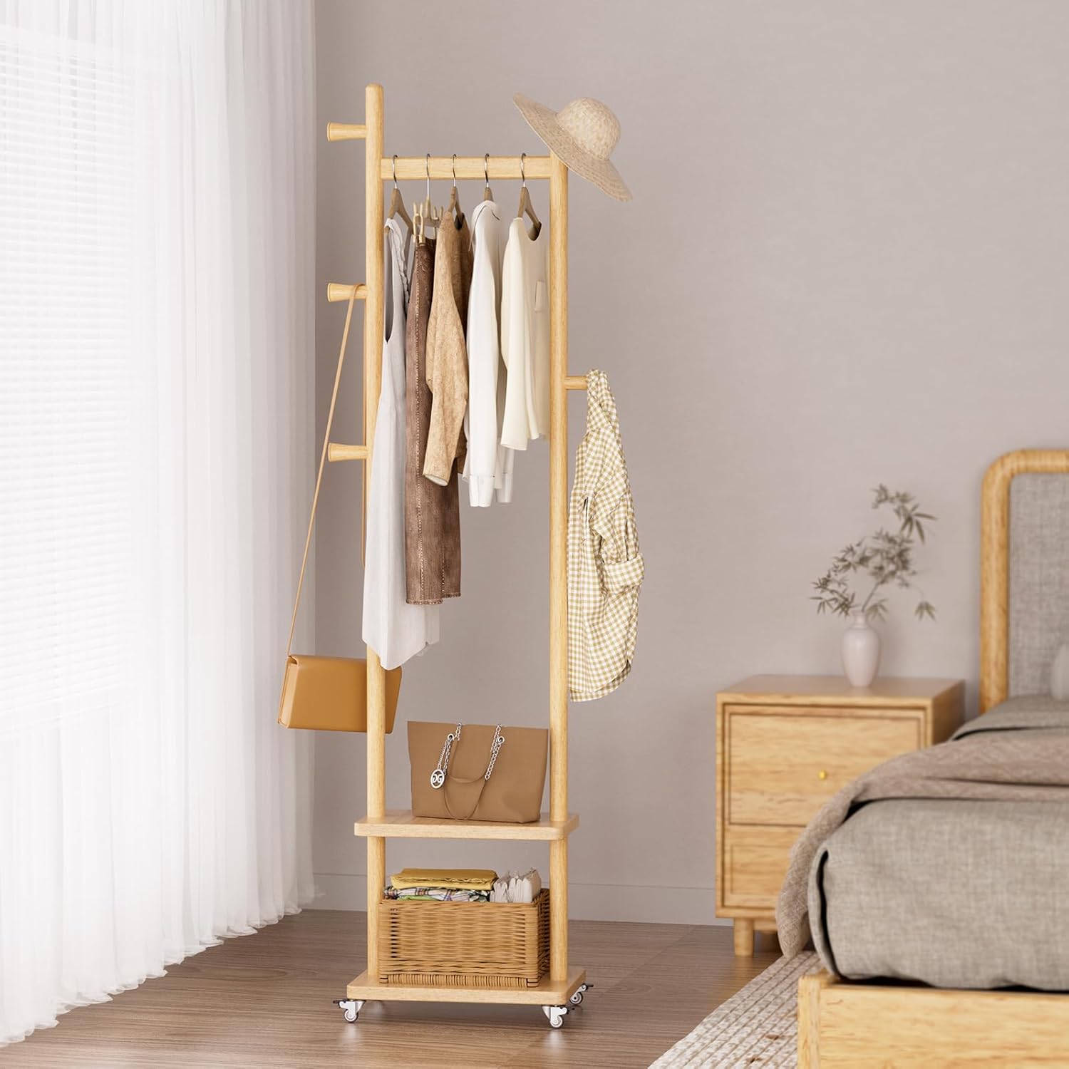 Coat Rack Freestanding Clothing Rack with Wheels & 2 layer storage & 5 Hooks Heavy Duty Clothes Rack Wood Coat Tree Stand Hat Hanger Rack for Corner Bedroom Entryway Living Room Hotel With Wheels Natural Wood Color