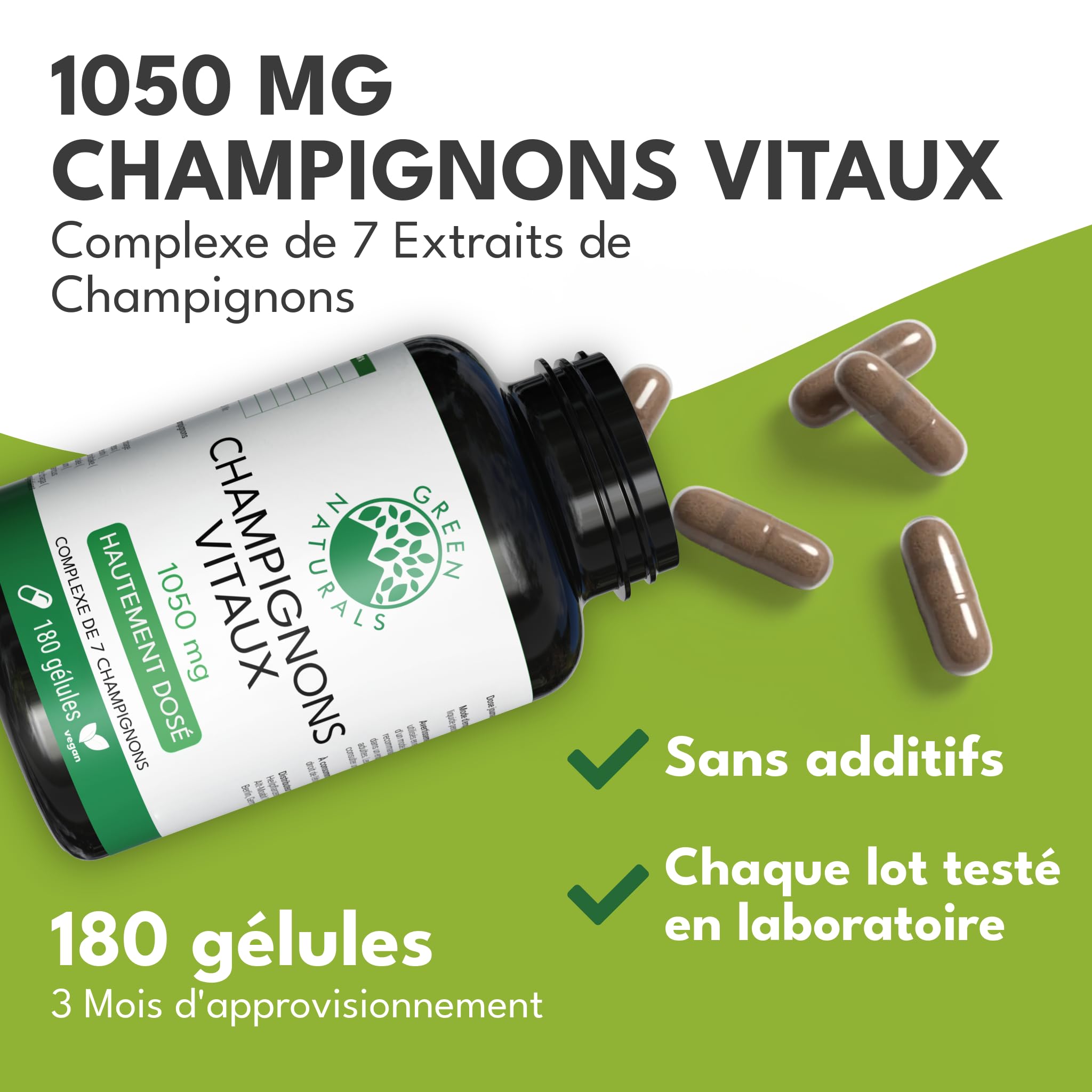 Green Naturals Complexe 7 Champignons 1 050 mg – 180 gélules | Reishi, Cordyceps, Shiitake, Maitake, Hericium, Agaricus, Chaga · Vegan · 3 mois