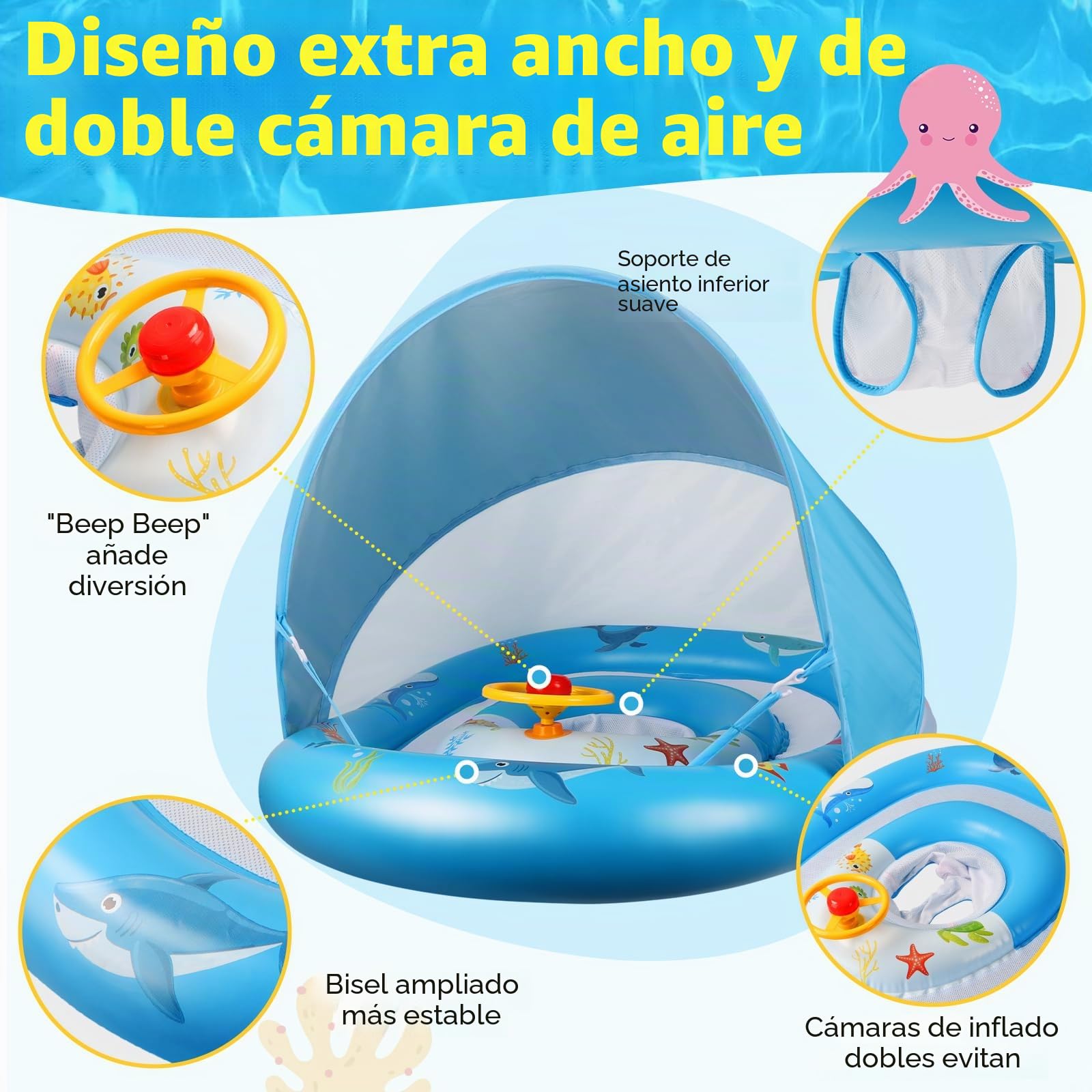 Ninonly Flotador Bebe con Sombrilla UPF50+ Extraíble Flotador para Bebé con Volante Nuevo Inflable Piscina para Niños de Protección Solar Antivuelco para Niños de 18 a 48 Meses