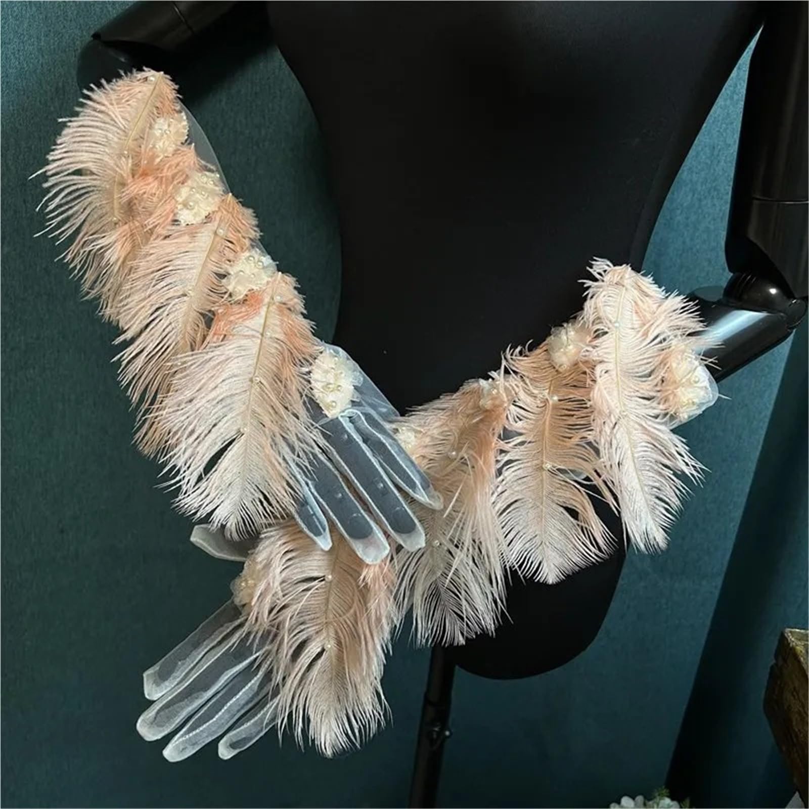 Guanto in piuma Elegante naturale a maglia lunga Performance | Piuma naturale primaverile estiva, guanto a rete lunga, festa for spettacoli