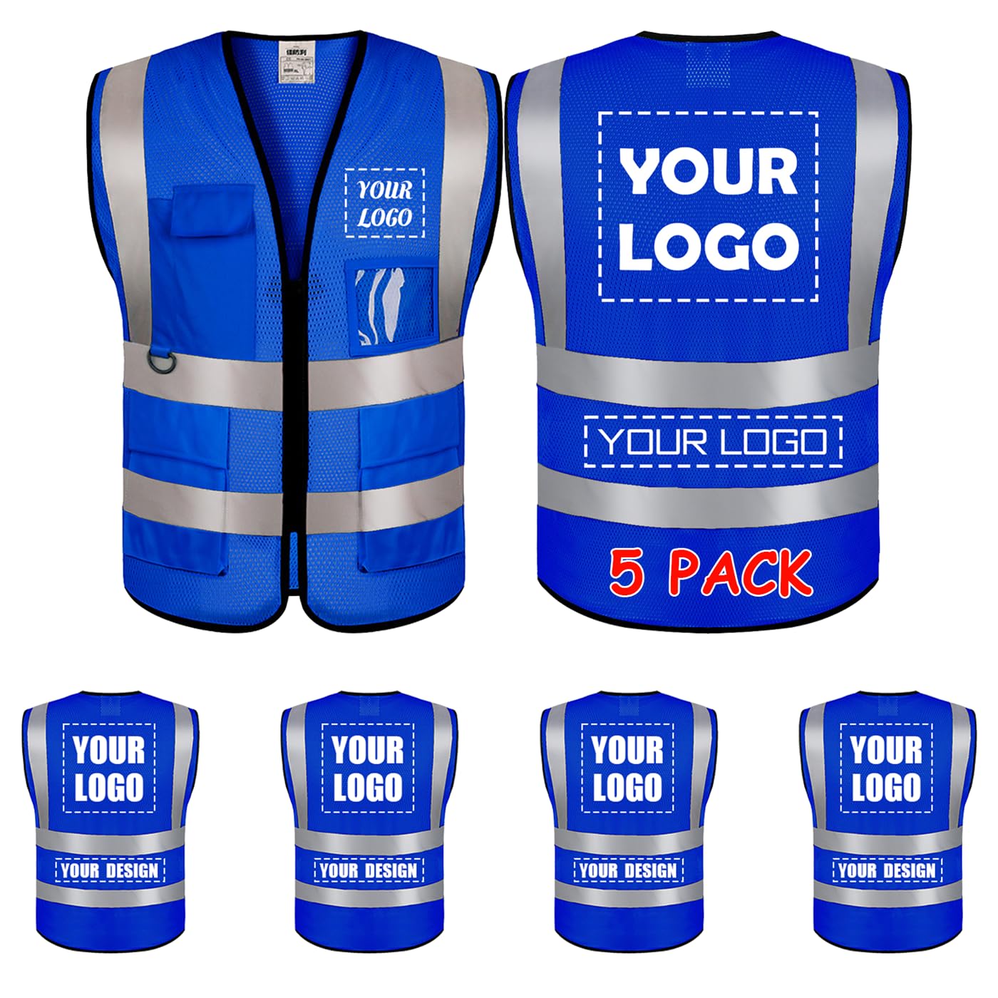 BeautyWill 5 Pack Mesh Safety Vest Custom Logo Class 2 High Visibility Reflective Vest with Pockets Construction Security Work Vest Blue