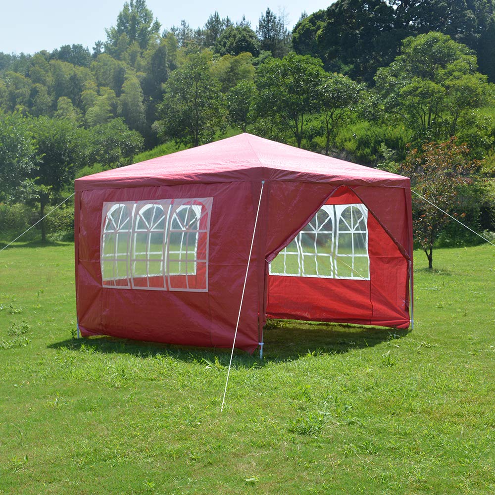 PE Garden Gazebo Marquee Canopy Party Tent 3 x 3m Waterproof Gazebo with 3 Zip Up Side Panels (Red)