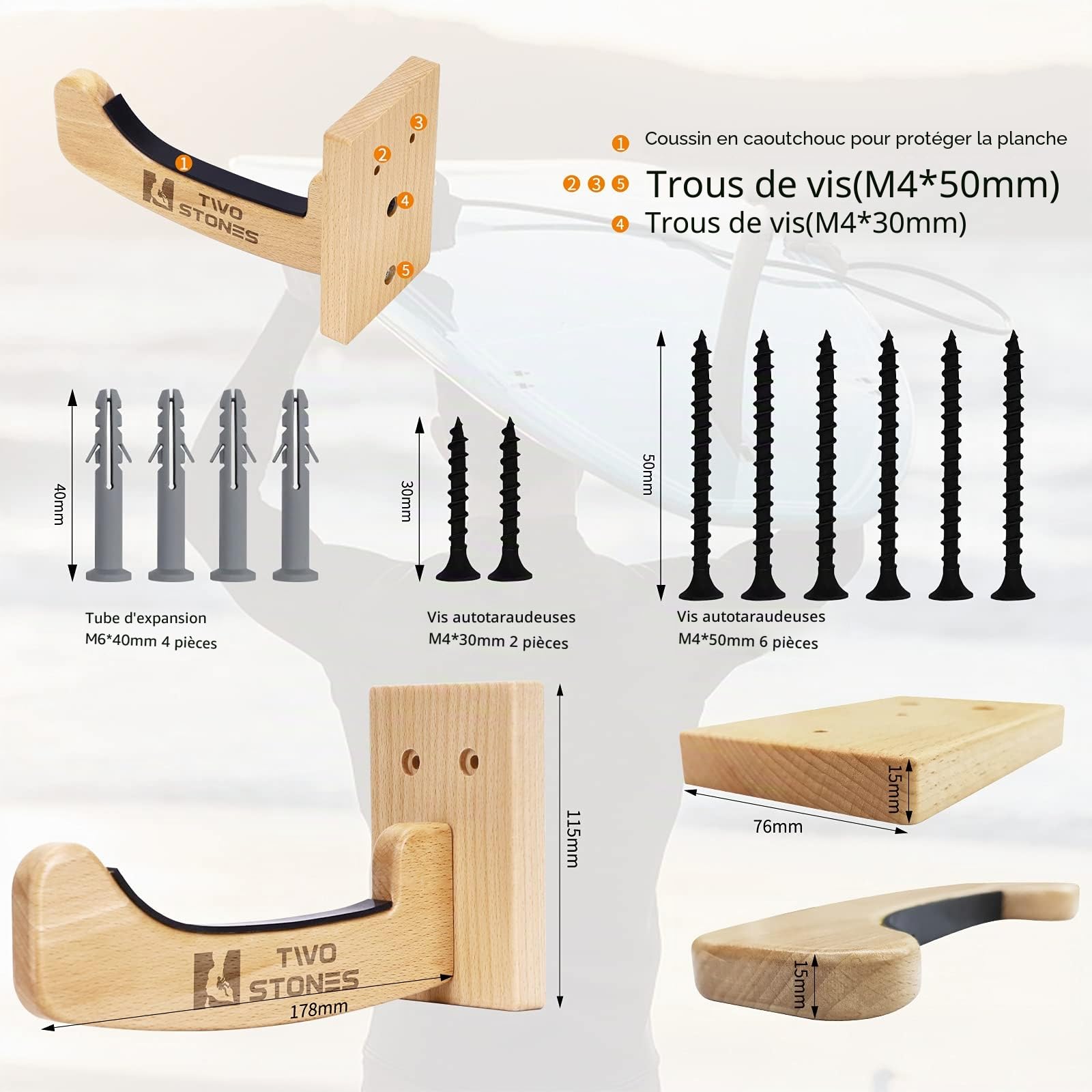 Two Stones support Planche de Surf pour Le Mur, Fonctionne comme Support de shortboard, Skimboard et Longboard ou Intérieur ou Extérieur