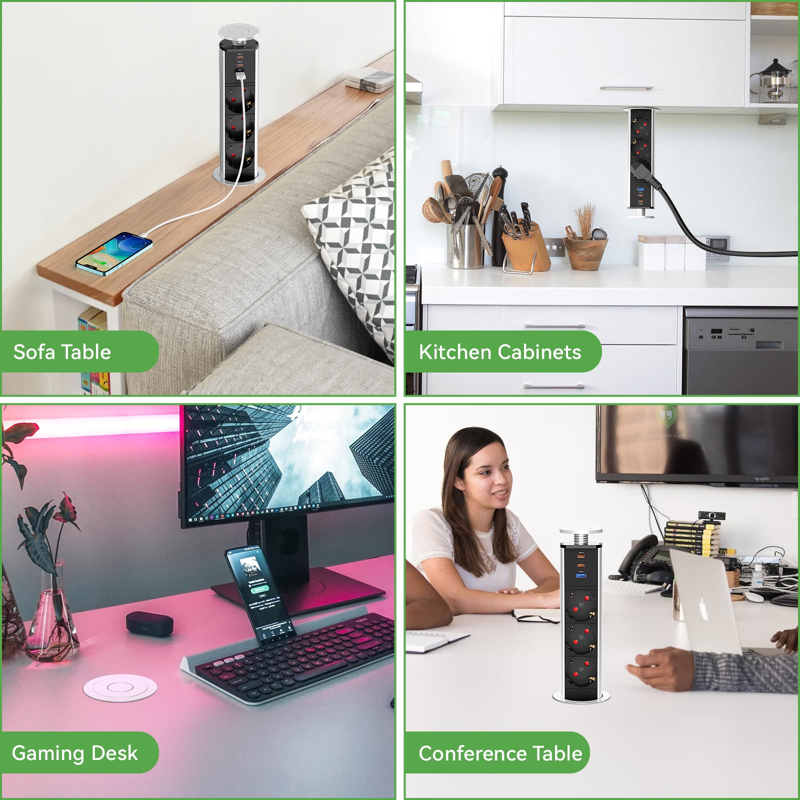 Presa Scomparsa 3 Prese 2 USB e USB C, Multipresa Elettrica Scomparsa Presa per Piano di Lavoro Incassato per Cucina, Ufficio, Cavo 1,8m, Diametro 60mm