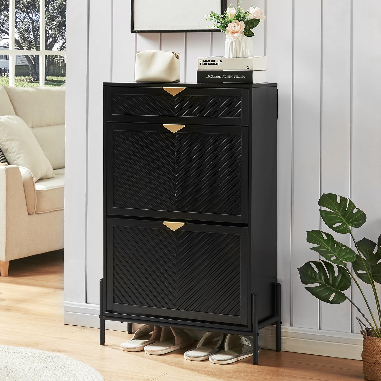 VIPLUMI Shoe Cabinet Storage with 2 Flip Drawers, Narrow Hidden Shoes Organizer Cabinet for Entryway, Freestanding Slim Shoe Rack Front Door Entrance(