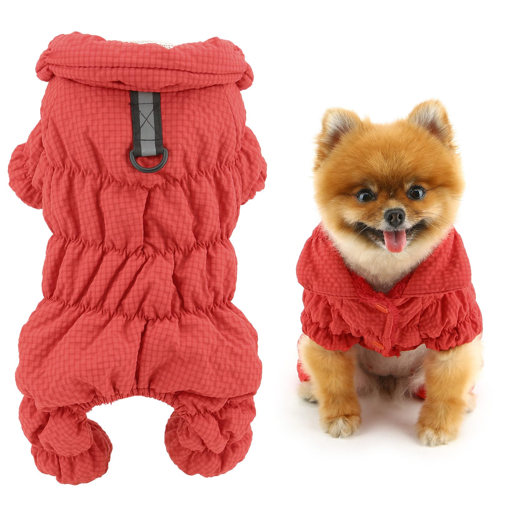 SMALLLEE_LUCKY_STORE Fleece Lined Pet Coat Waterproof Sport Winter Jacket with Harness D-ring for Small Dog Cat Reflective Jumpsuit Puppy Padded Chihuahua Yorkie Warm Clothes, Red, XL