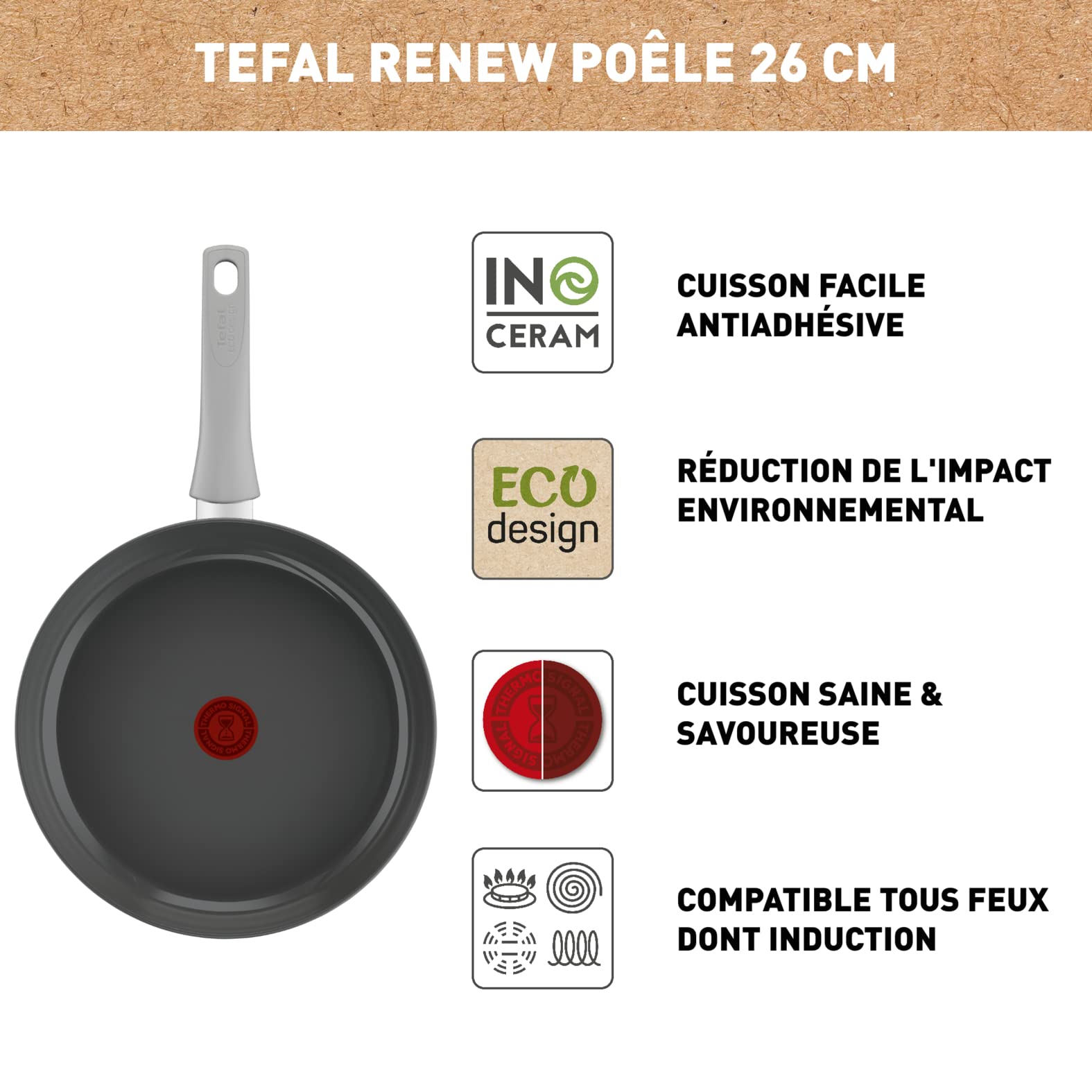 TEFAL Renew On patelnia ceramiczna indukcyjna, szara, 26 cm