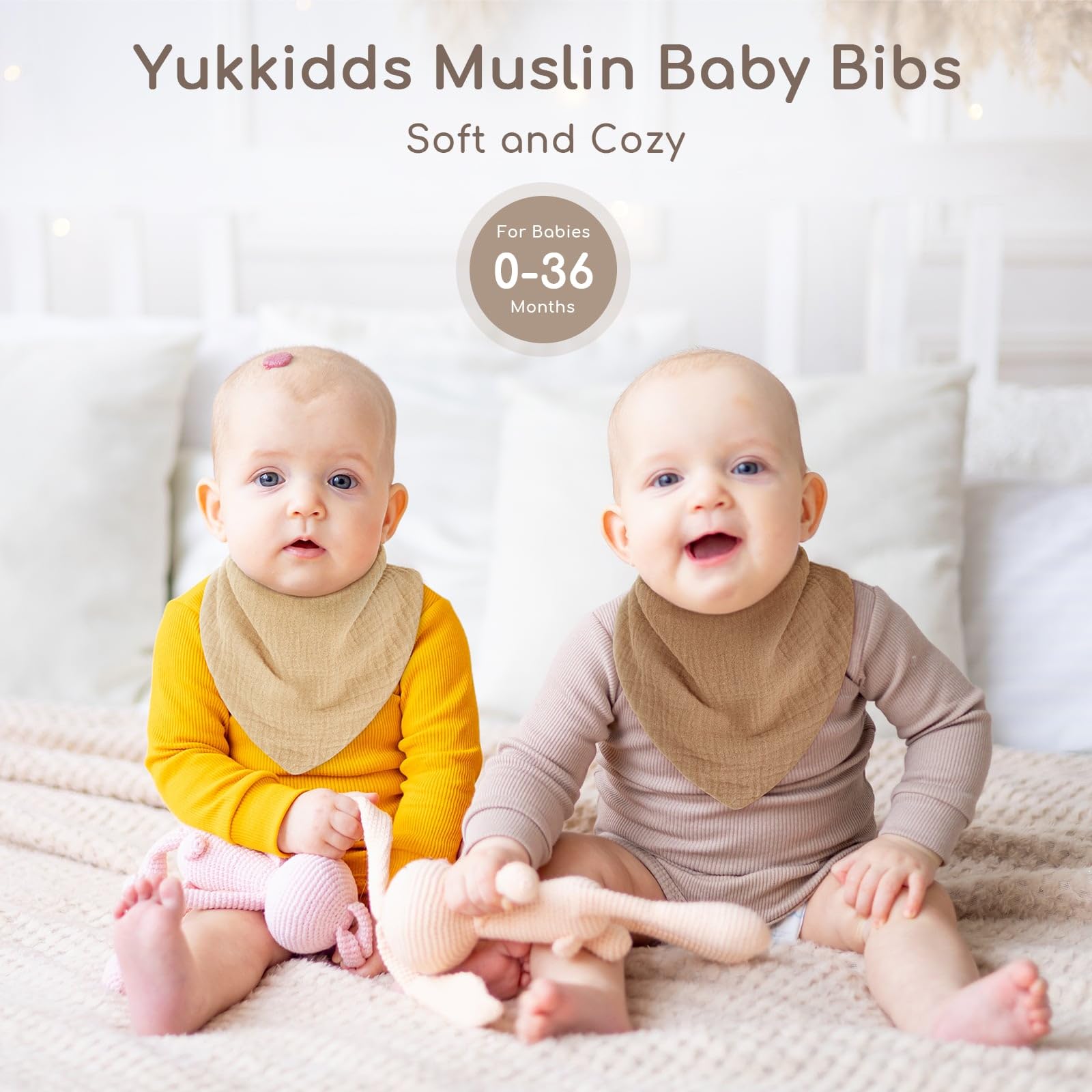 Yukkidds Baby Bibs 100% Muslin Cotton Dribble Bibs Soft and Absorbent for Newborn Toddler from 0-36 months 6 Pack Beige&Brown - Image 2