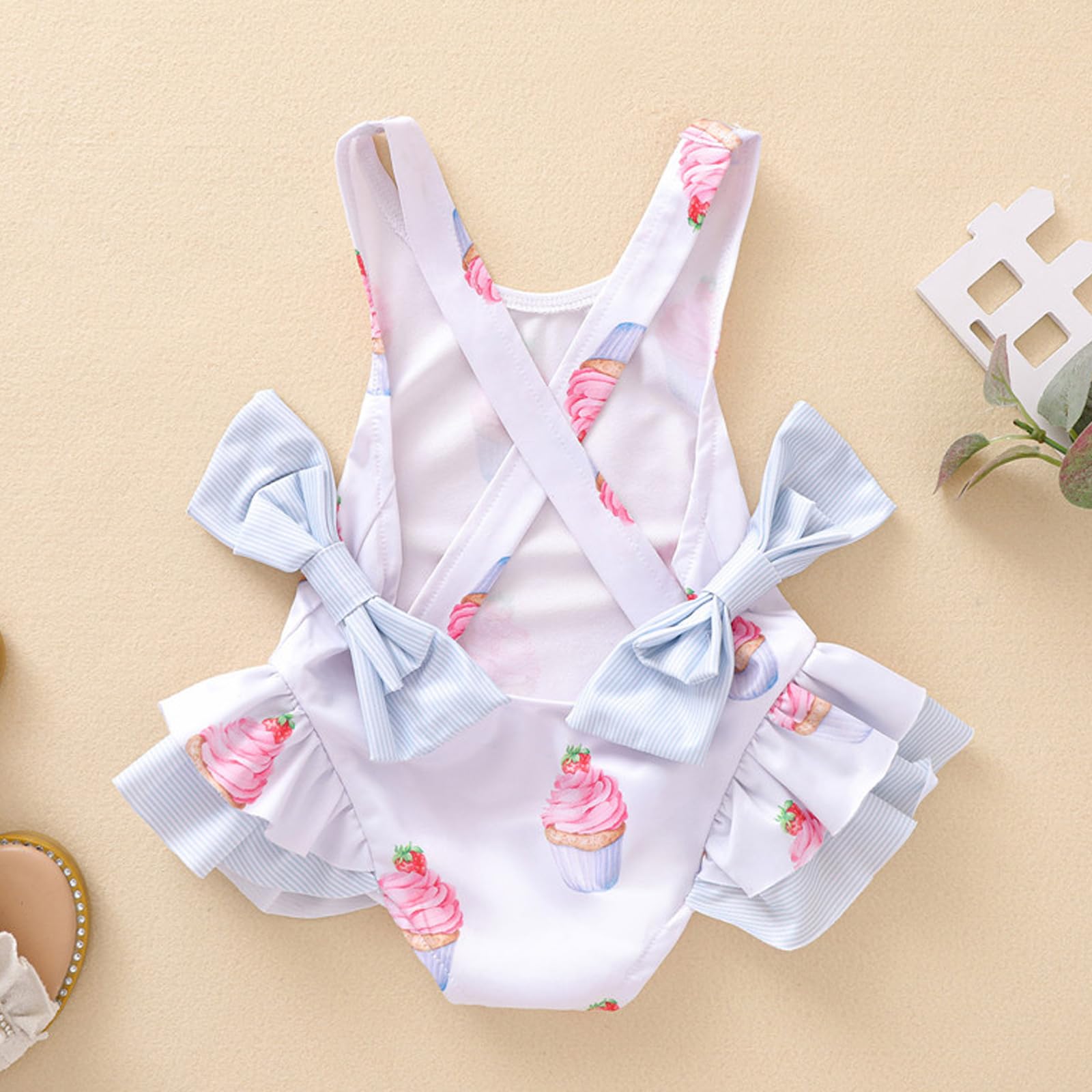 Costume da bagno intero per bambine con volant, motivo floreale, senza maniche, con spalline, schiena scoperta, costume da bagno estivo con fiocco