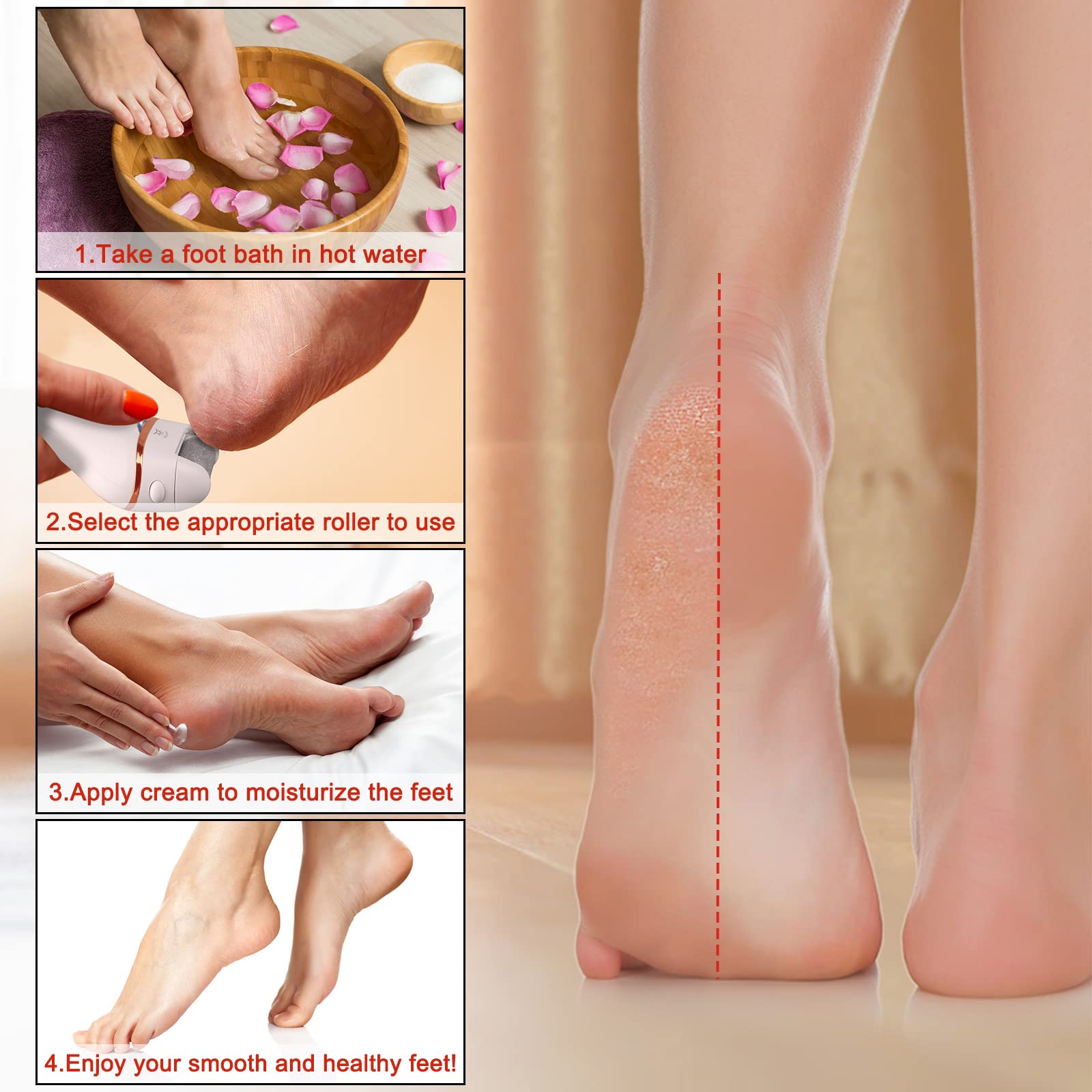 Lima Eléctrica Pies Durezas, Aottom Pedicura Electrico las Quita Durezas Eliminar Callos Herramientas de Poderoso Recargables Profesional con 3 Diamond Rodillos IPX7 Impermeable
