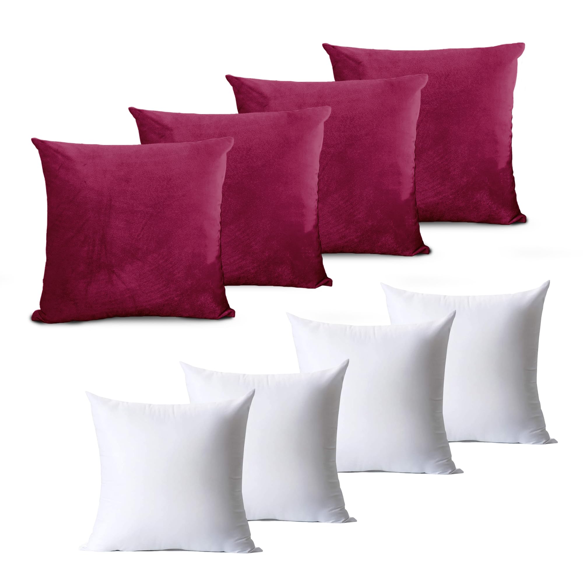 Hafaa Velvet Cushions with Covers Included Set of 8 (4 Burgundy Cushion Covers, 4 Cushion Inserts 45cm x 45cm) Decorative Fluffy Square Throw Pillow Case Sofa Cushion with Invisible Zipper โ image 1