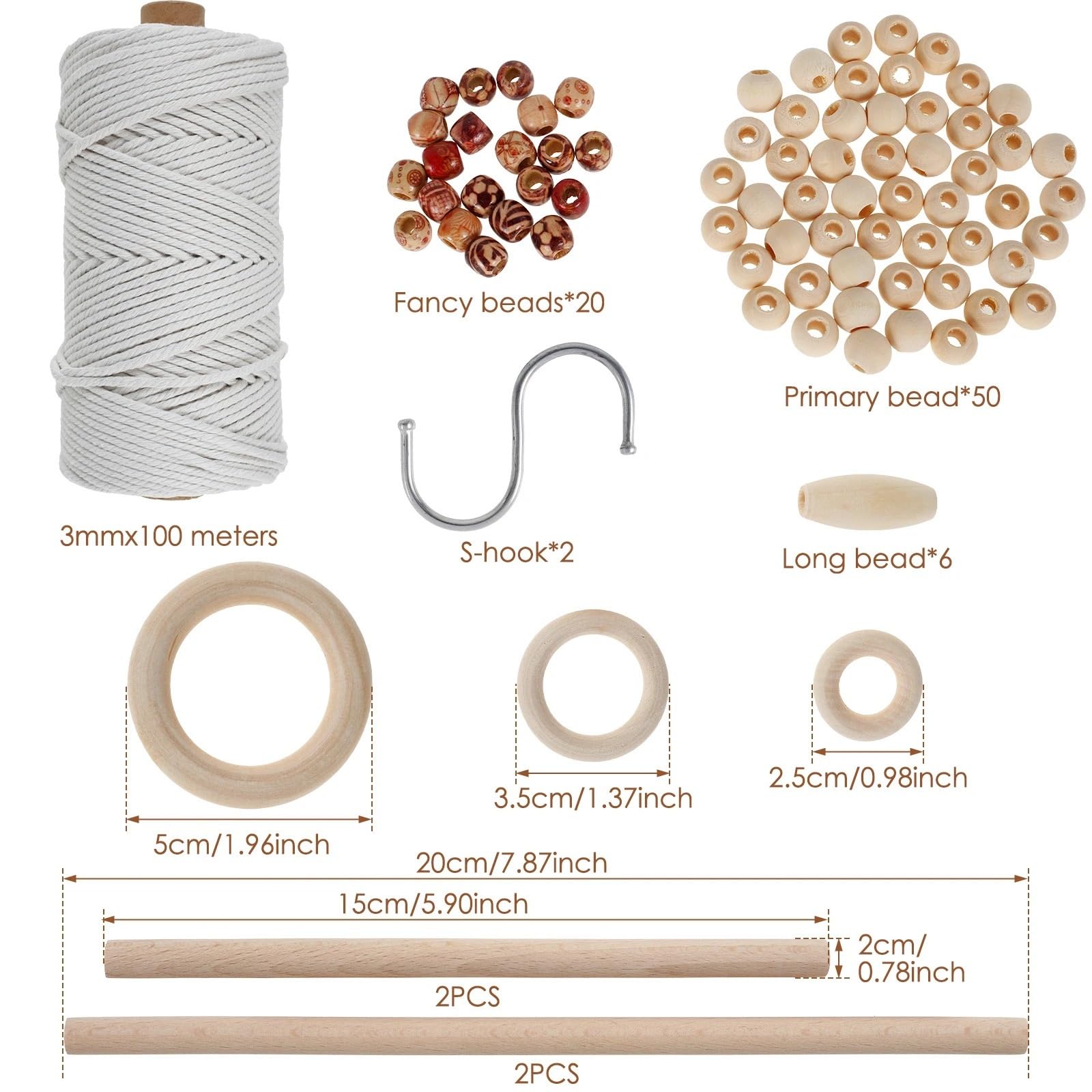 DIY-Makramee-Strickset 100 Stück Makramee-Sets for Anfänger, Baumwoll-Makramee-Kordel mit Holzperlen und Ringen, Holzstäbchen, Metallringen, Makramee-Zubehör Für Die Heimdekoration