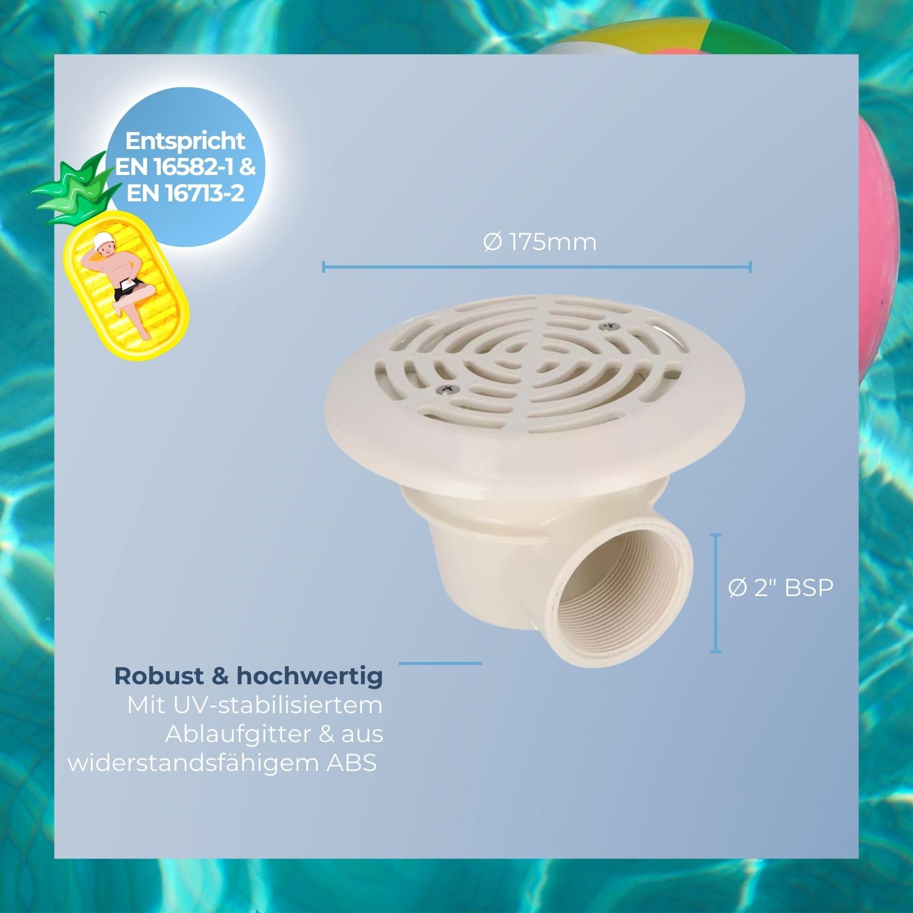 ABS Mini Bodenablauf mit Deckel in 175 mm I Pool Hauptablauf inkl. Flansch, Dichtungen & Schrauben I Wasserablauf für Whirlpools & kleine Schwimmbecken I Hochwertiges Pool Zubehör in Weiß