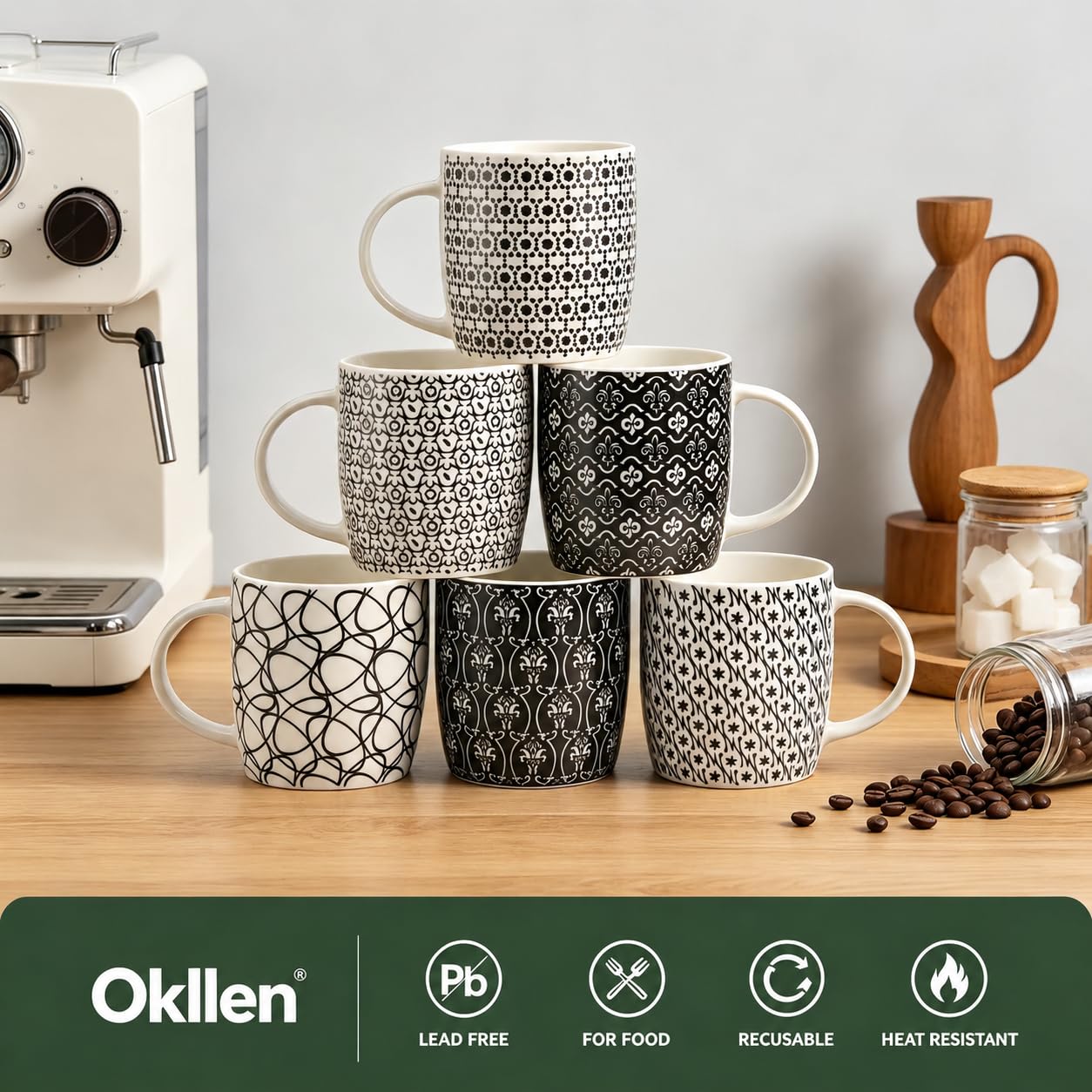 Okllen 6-pak 340 ml kubki do kawy geometryczne teksturowane, ceramiczne kubki do kawy stylowy zestaw kubków do herbaty prezent do latte, cappuccino, mleka, wody, kakao, płatków, czarno-białe