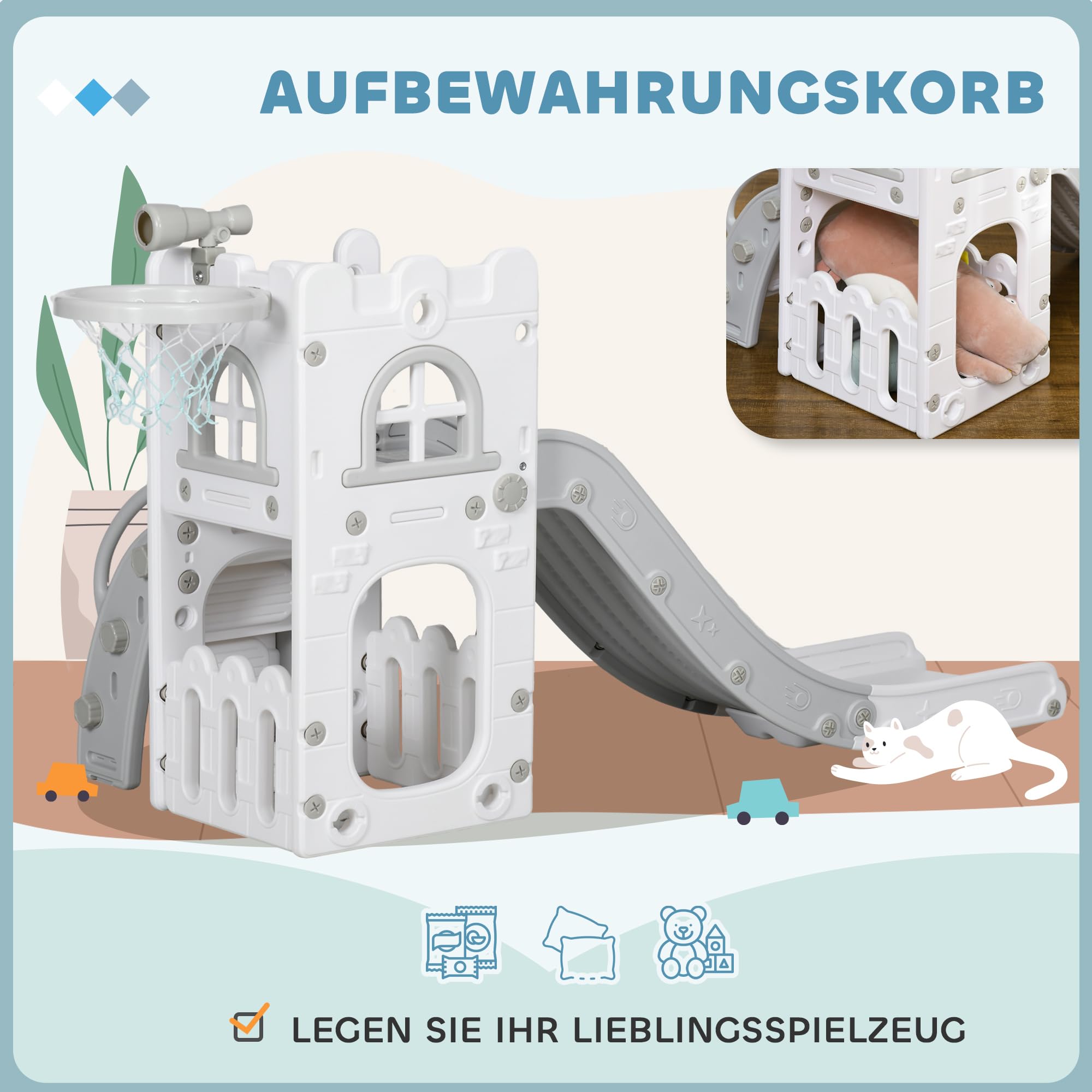 AIYAPLAY Kinderrutsche, 5 in 1, Kleinkinderrutsche mit Basketballkorb, Teleskop Klettergerüst, Aufbewahrungskorb Rutsche mit Basketball für Kinder 1-3 Jahre, Indoor, Grau 70 x 177 x 92 cm