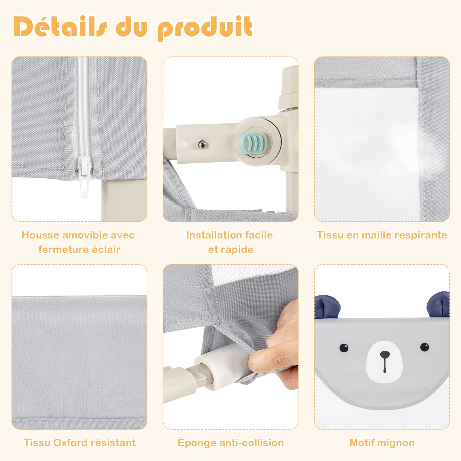 GOPLUS Barrière de Sécurité Enfant Lit Pliable, Barrière de Lit Enfant Bébé 0-3 Ans, Bords Arrondis et Maille Respirante (Gris+Motif Ours, 174,5×25×72,5 CM)