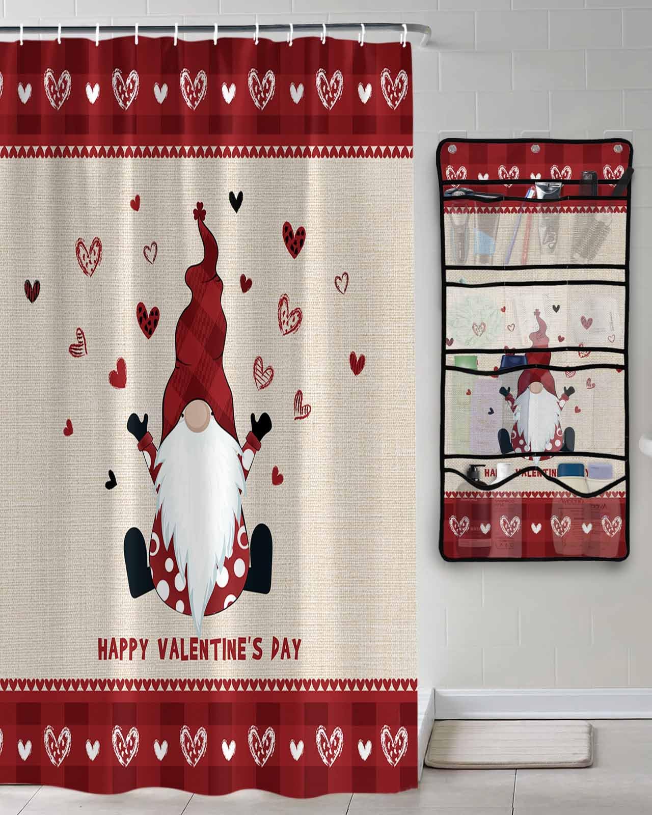 Shower Curtain Mesh Shower Organizer Hanging Set Happy Valentines Day Gnome Red Plaid Linen Waterproof Shower Curtains with