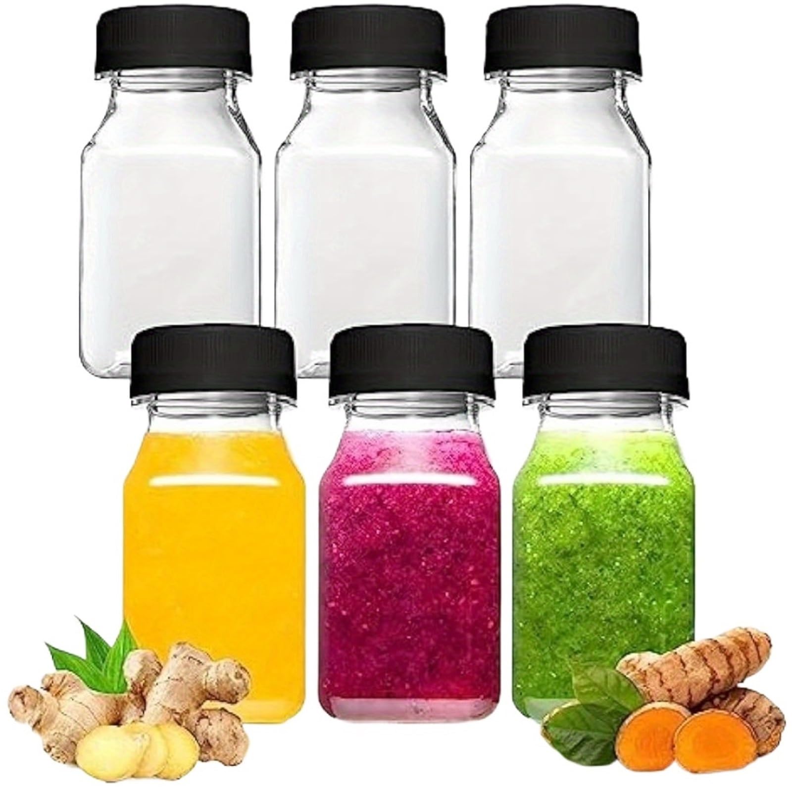Saftflaschen 6 Flaschen – großzügiges Fassungsvermögen, auslaufsicher, gefriergeeignet, mit sicheren schwarzen Verschlüssen perfekt for Flüssigkeiten und gefrorene Leckereien(12oz)