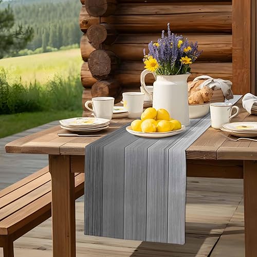 Miniatura 124 de Camino de mesa de algodón y lino estilo granja rústico retro, textura de madera de granero, color degradado marrón y gris, antideslizante,