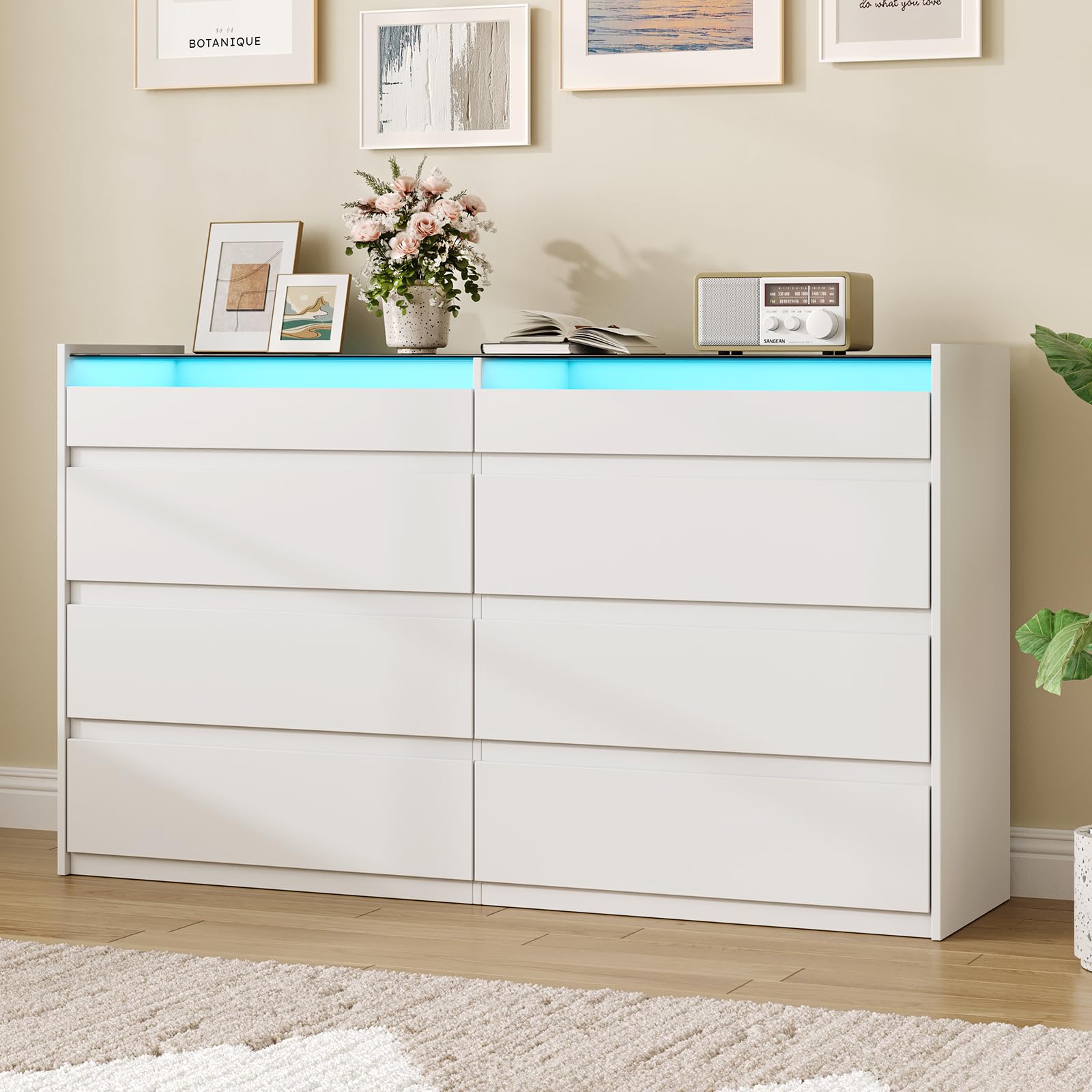 Amazon.com: LIVAUVEAD White 8 Drawer Dresser for Bedroom with LED Light,  Modern Dresser Chest of Drawers with Hidden Handles and Glass Top, Dressers  Organizer for Bedroom, Closet, Living Room : Home &