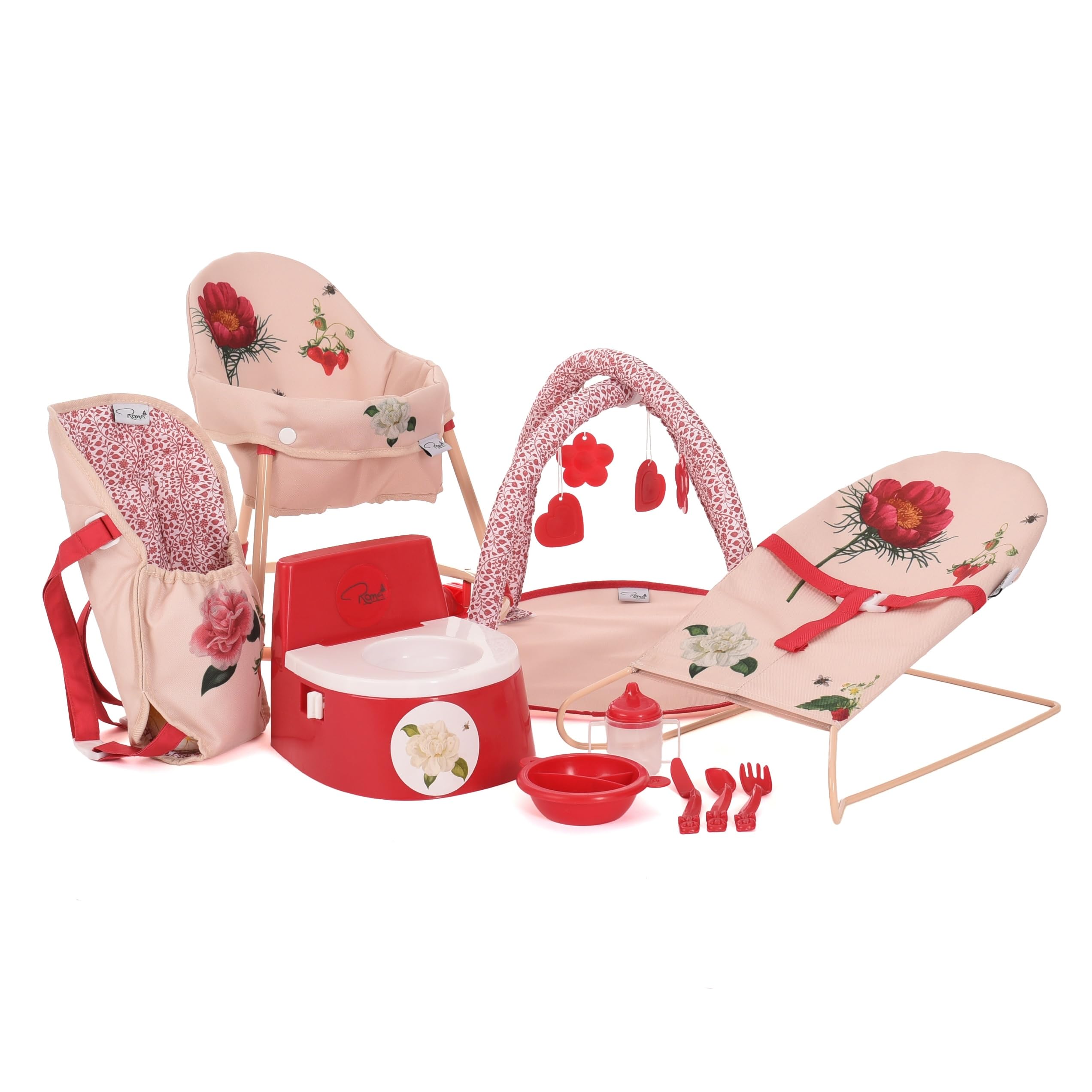 Roma RHS 10 Piece Dolls Accessory Set - Flora: Baby Walker, Bouncer, Front Carrier, Potty, Feeding Bowl, Cutlery set, Drinking Beaker, Playgym for Dolls 26-45 cm