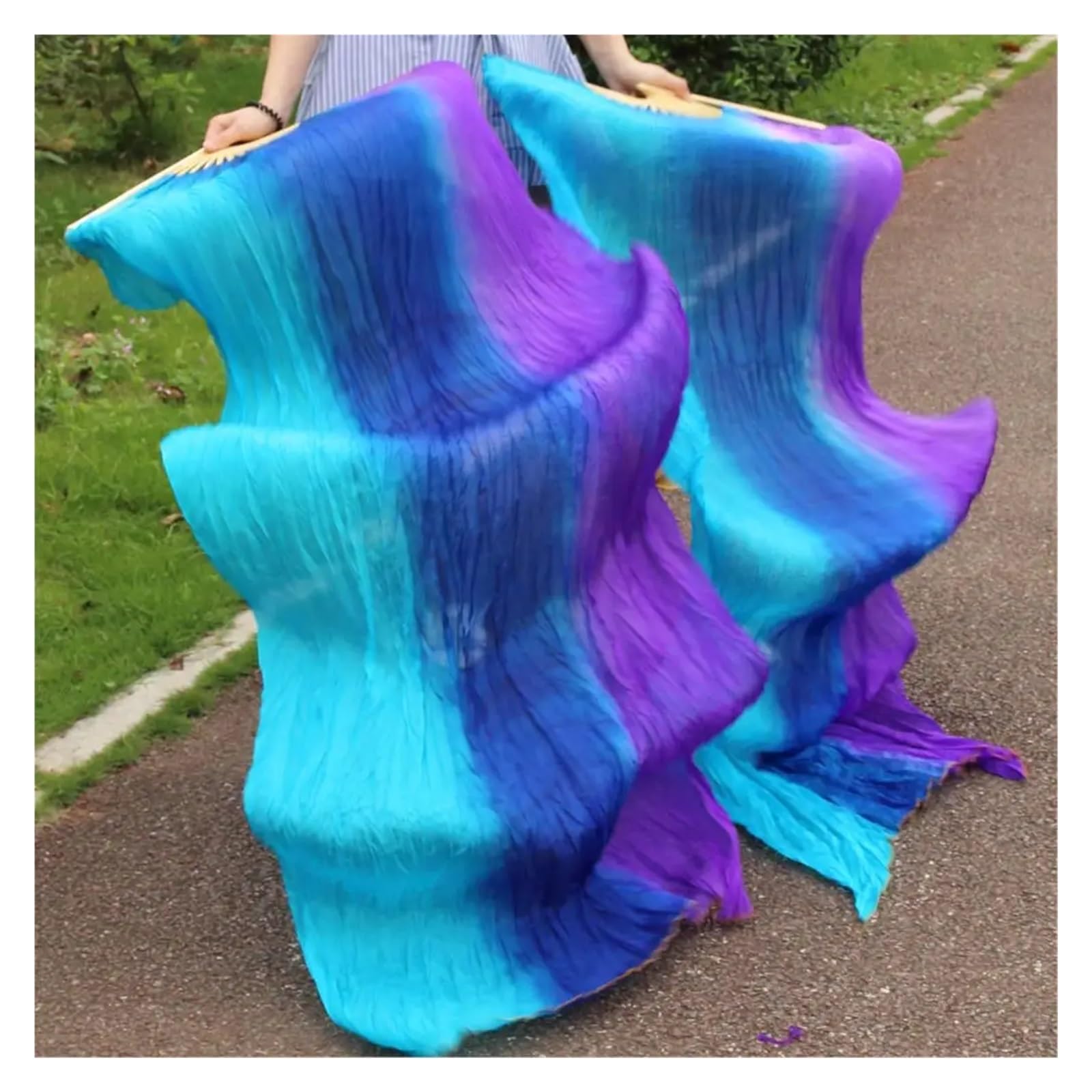 Ventaglio di Seta per Danza del Ventre, Silks 1 Paio di ventagli for Danza del Ventre Tinti a Mano a Righe Turchese+Blu Reale+Viola 150/180 x90cm(180x90cm)