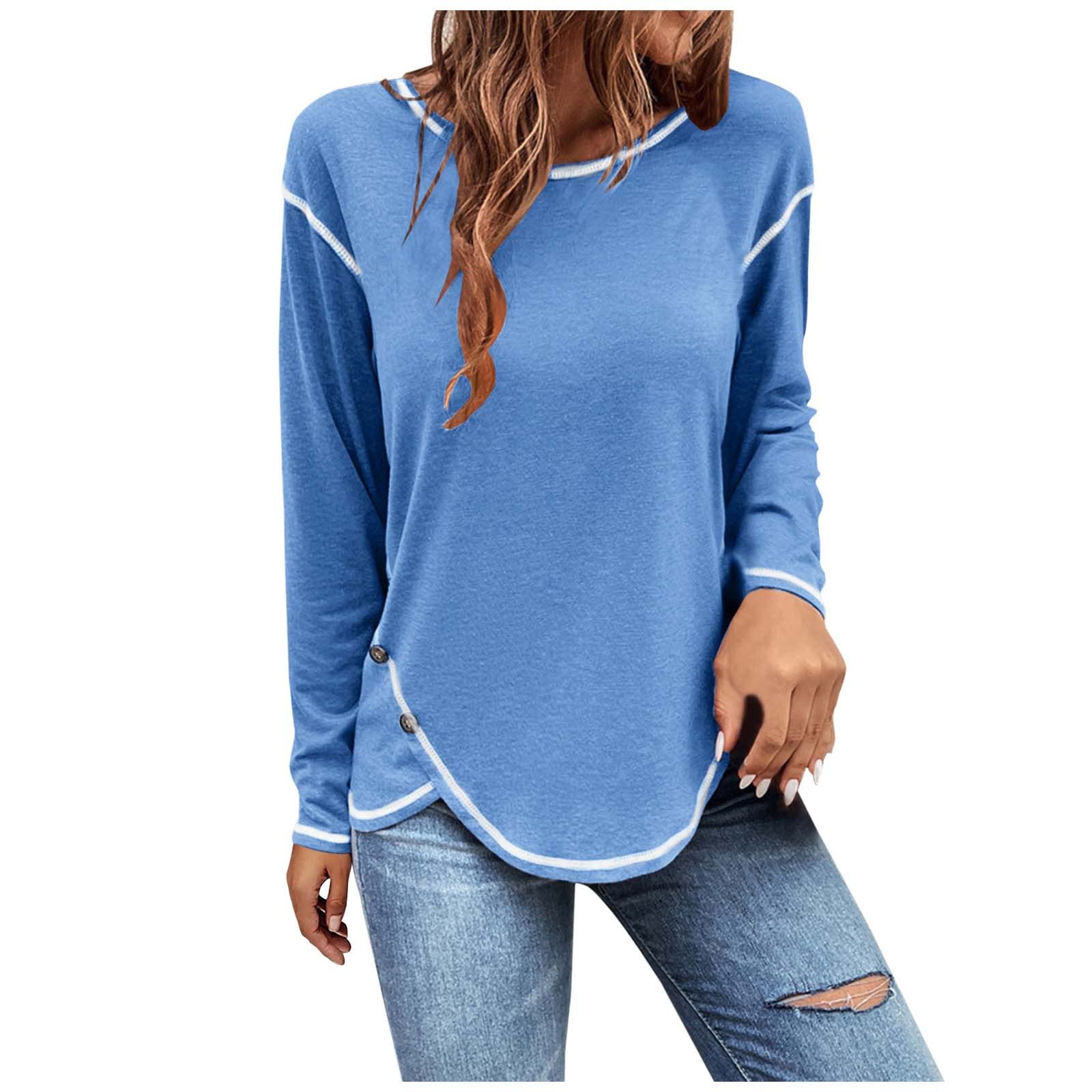 Women's Long-Sleeved T-Shirt Casual Slim Crew Neck Irregular Hem Pullover Top Plain Stripe Tee Sweatshirt