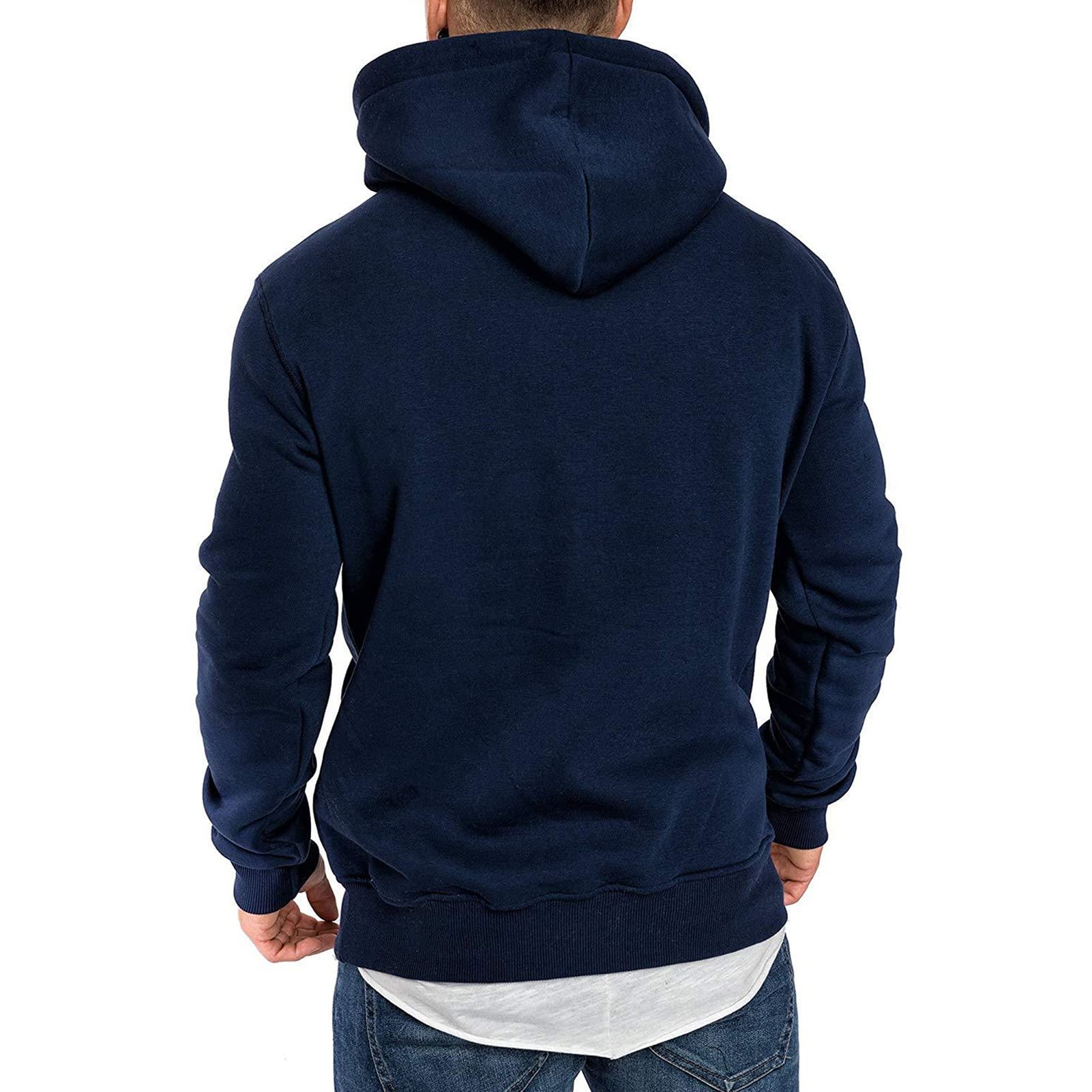Maiyifu-GJ Men's Solid Color Sport Fleece Hoodie Casual Long Sleeve Henley Sweatshirt Slim Hooded Pullover With Kanga Pocket (Dark Blue,Medium)