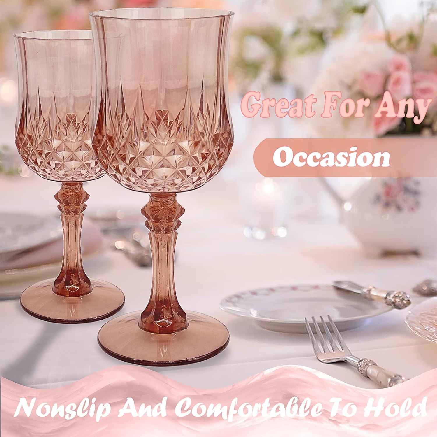 24 PCS Rose Gold Plastic Wine Glasses,Reusable Plastic Wine Glasses,Rose Gold Goblet Glass,Durable and Sturdy Cups Can Be Used for Various Parties Such as Weddings! - Image 3