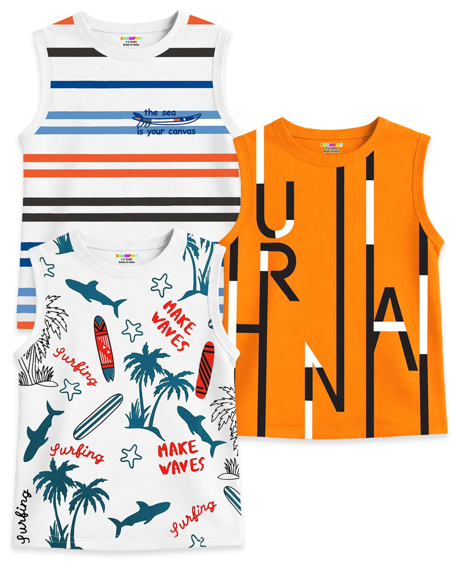 Kuchipoo Boys Sleeveless Cotton Tshirts | Printed Round Neck Kids Tshirts for Summer Wear | Pack of 3