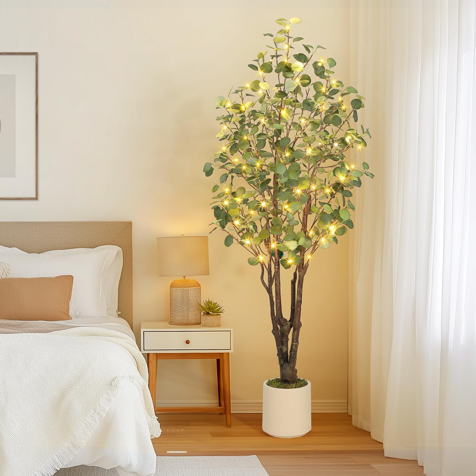 Garvee Künstlicher Eukalyptusbaum Indoor Mit 50 LED Lichtern,180 cm Kunstpflanzen Groß Kunstbaum Im Topf Für Indoor Outdoor Home Schlafzimmer Büro Garden Dekoration