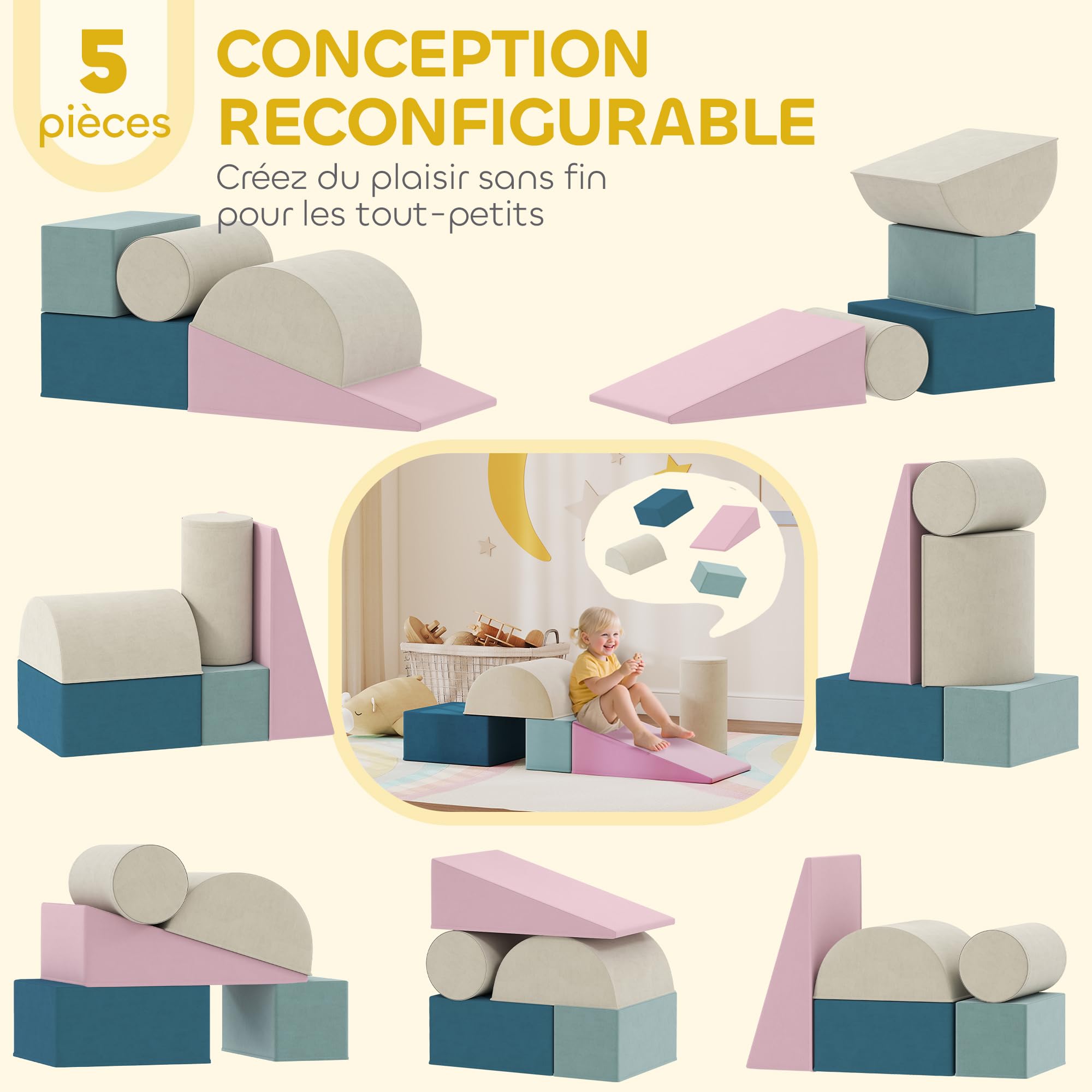 Parcours Motricité Bébé Modulable 5 Pièces - Blocs Mousse Velours Lavable, Pour Tout-petits 6 Mois à 3 Ans