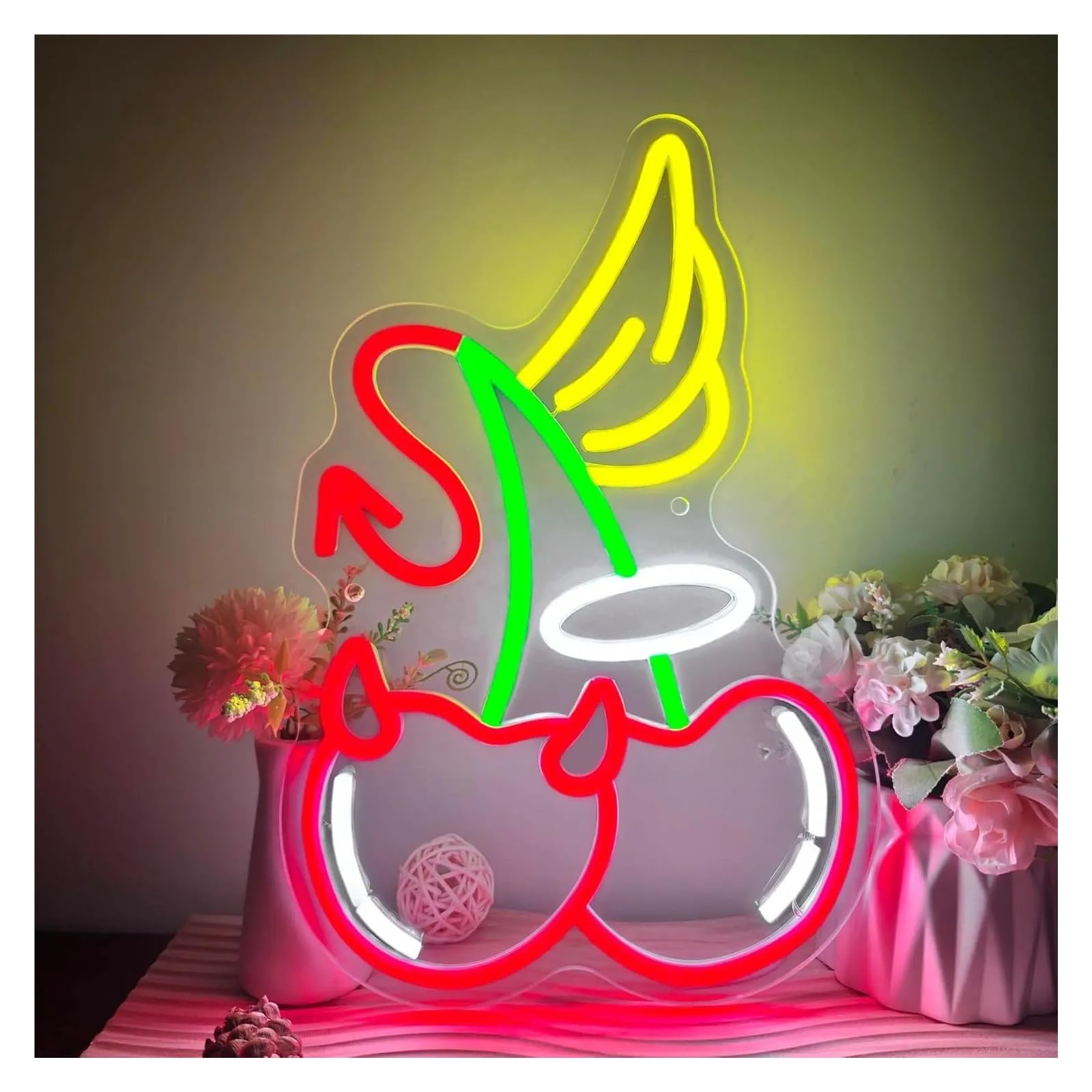 RONGCH Hanging Art Signs Cherry Neon Sign for Bedroom Livingroom Club Bar Man Cave Party Wall Decor 34.5x23.6cm