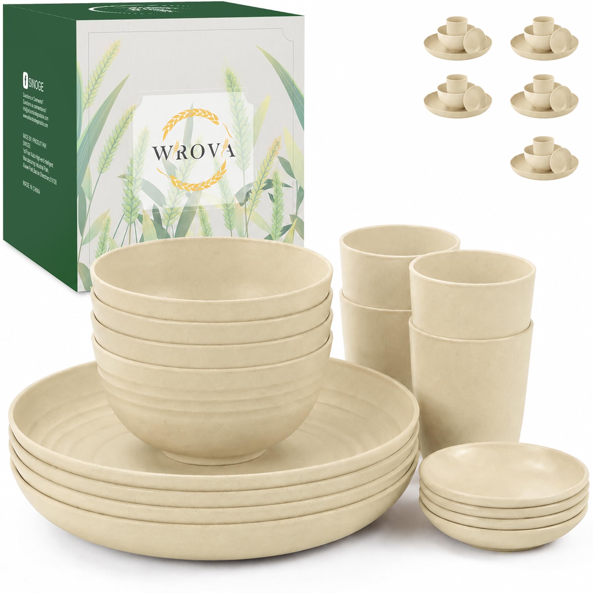 Wrova Reusable Plastic Plates and Bowls Sets 16 PCS - Unbreakable Dinner Sets for Camping | Dinner Service for 4 | Microwave Safe and Dishwasher Safe Plates Set - Beige
