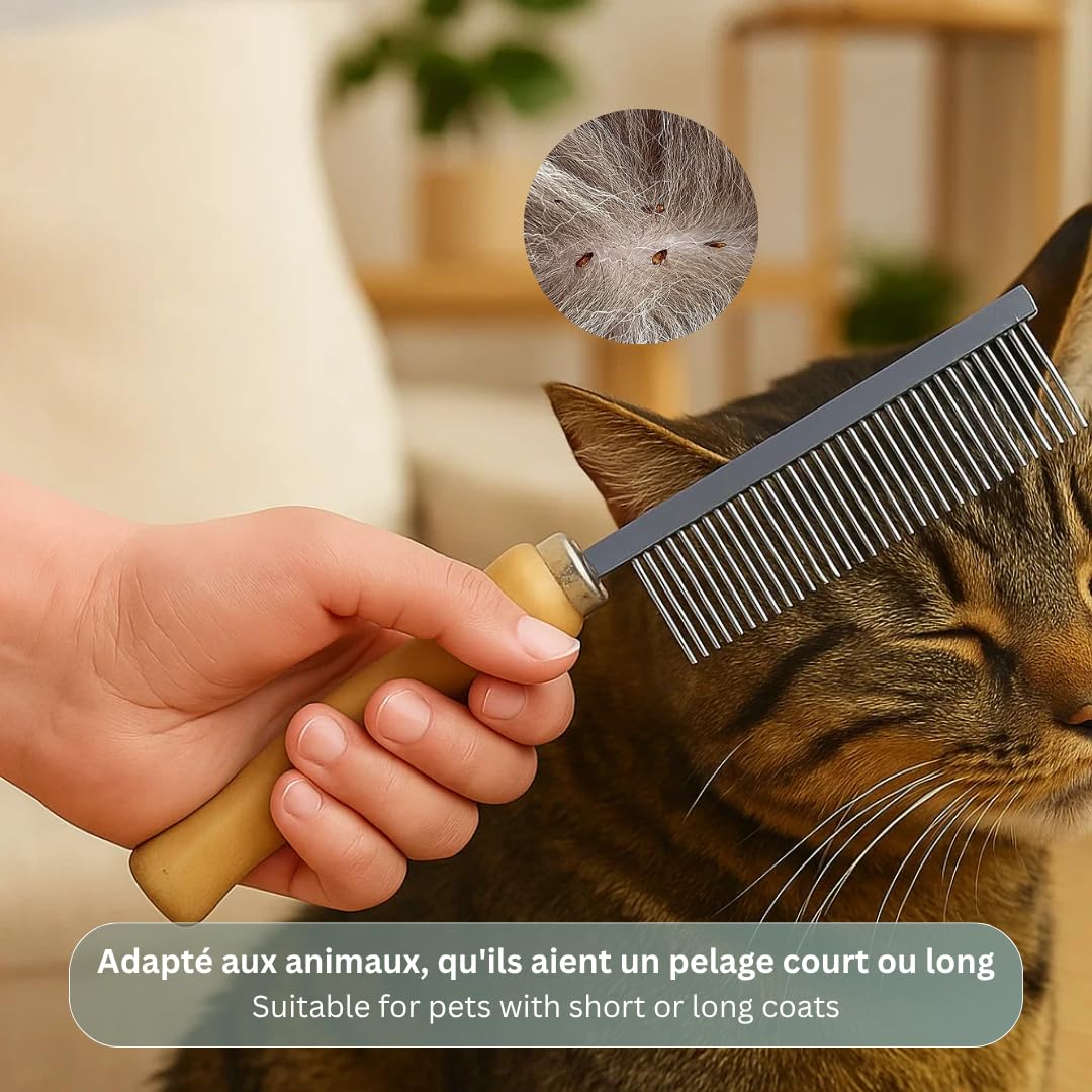 Peigne Anti-Puces avec Manche en Bois – Peigne Fin pour Chien et Chat – Élimine les Puces et les Œufs – Soin du Pelage et Bien-Être de l’Animal (16,7 cm)