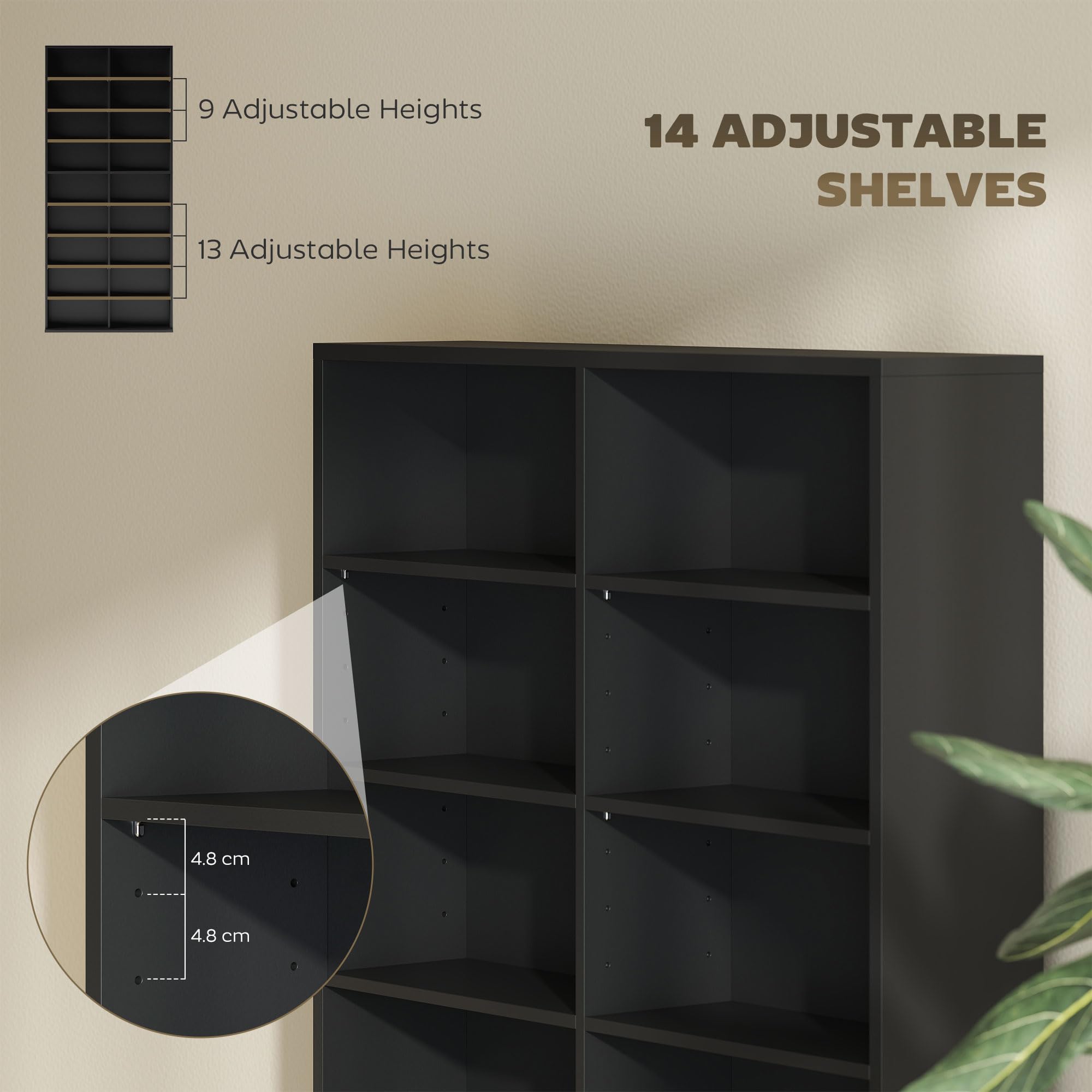HOMCOM Unidad de Almacenamiento de 640 CD/360 DVD, Estante de Almacenamiento Multimedia BLU-Ray con 18 Compartimentos y 14 estantes Ajustables, Torre de CD para Sala de Estar, Dormitorio, Oficina