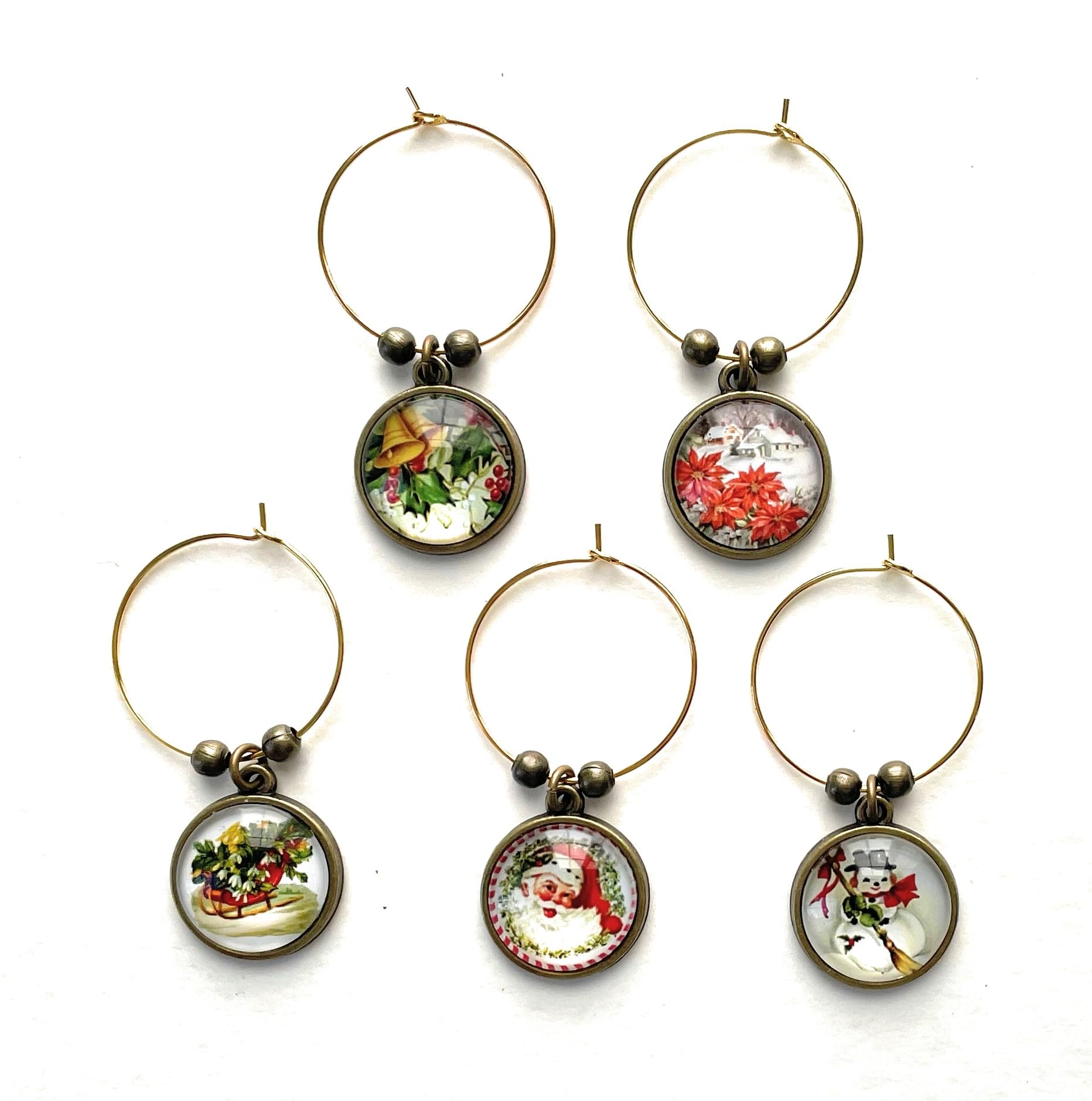 Christmas Wine Glass Charms Set of 5 - Stem Markers for Beverages - Santa - Snowman - Mistletoe