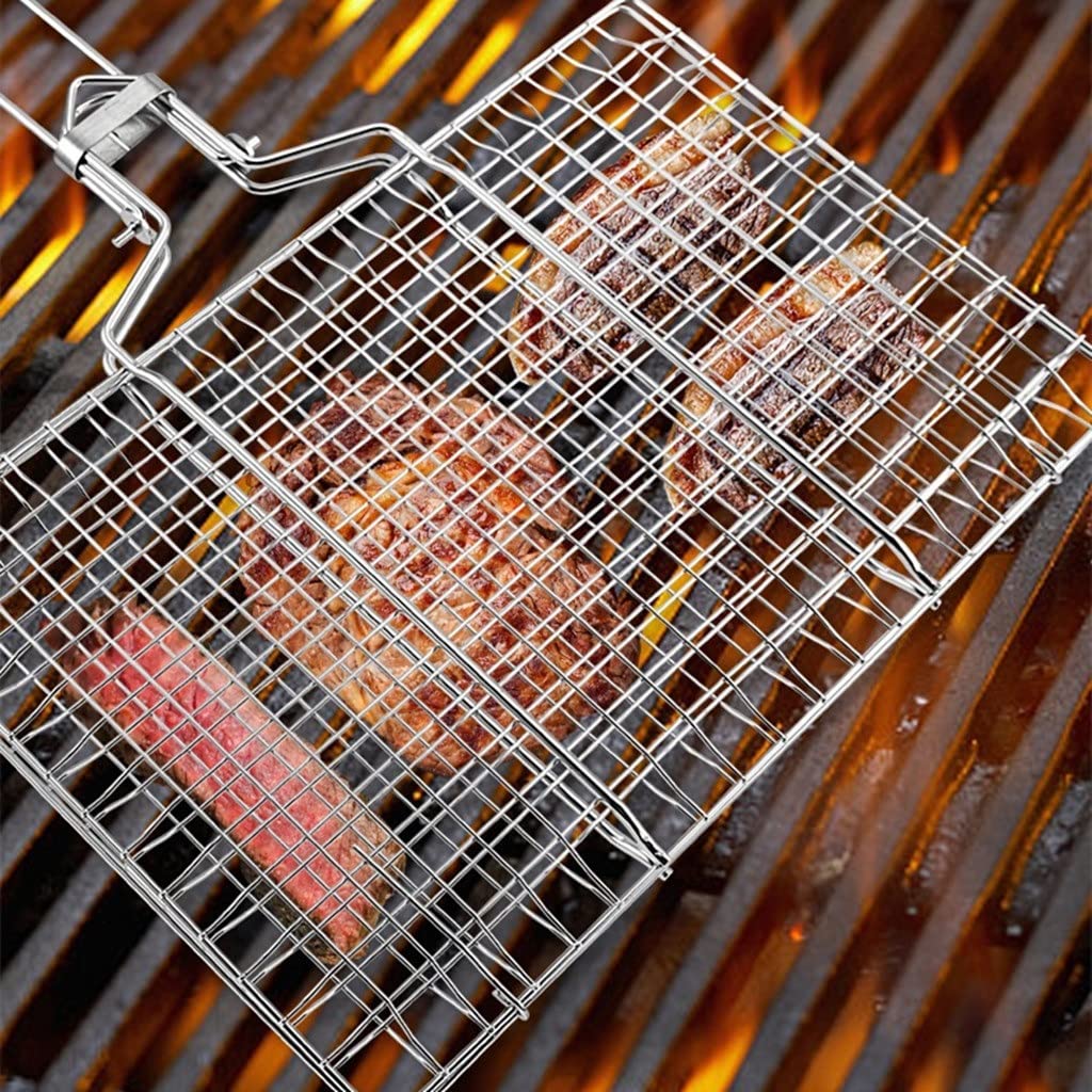 Cestino per grigliate per Barbecue in Ferro Antiaderente con Manico in faggio griglia per griglia per Pesce per Campeggio all'aperto