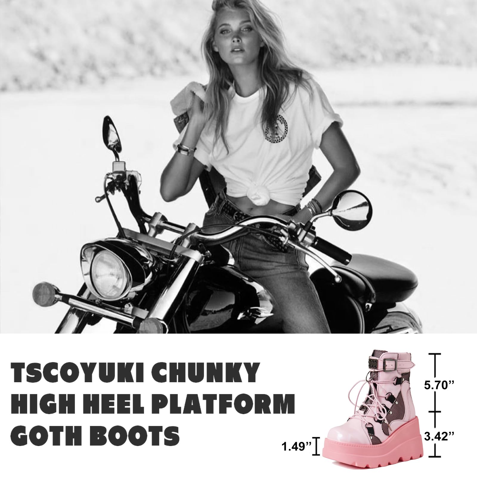 Tscoyuki Platform Ankle Boots for Women Chunky High Heel Booties Goth Round Toe Combat Boots Women Lace Up Motorcycle Wedges: 10 1-pink
