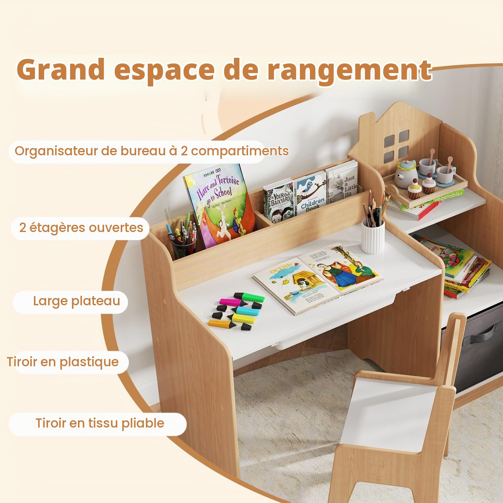 LIFEZEAL Bureau Enfant avec Rangement et Chaise, Table en Bois pour Garçon Fille 3-12 Ans, Bureau avec Bibliothèque, Compartiment, étagère, Tiroir en Tissu (Naturel)
