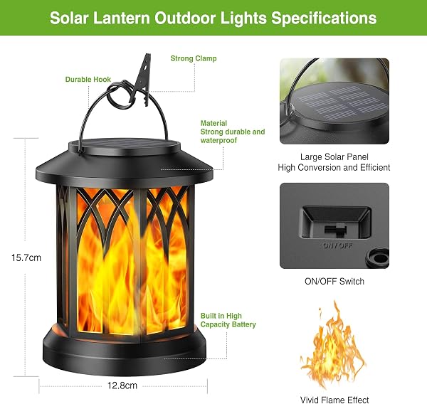 KOOPER Solar Lights Outdoor Garden, 2 Pack Hanging Solar Lanterns with Realistic Flickering Flame LED, Waterproof Flame Effect Garden Ornaments Birthday Gifts for Women for Pathway Patio Decoration - 3