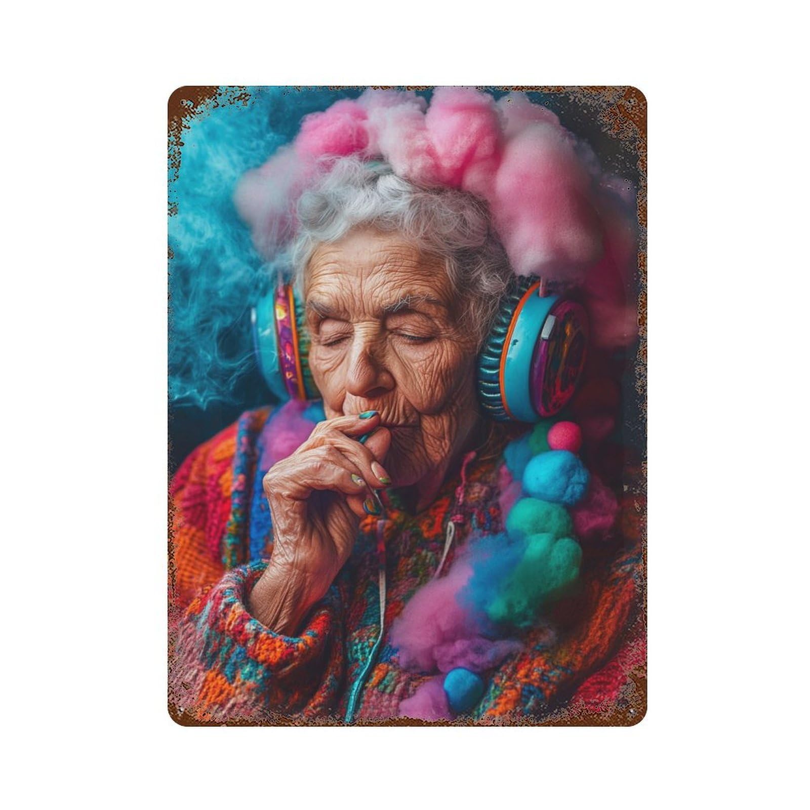 Colorful Elderly Woman with Headphones 15.7"x11.8" Aged Metal Wall Plaque, Classic Wall Plaque for Pub, Kitchen And Man Cave Decor