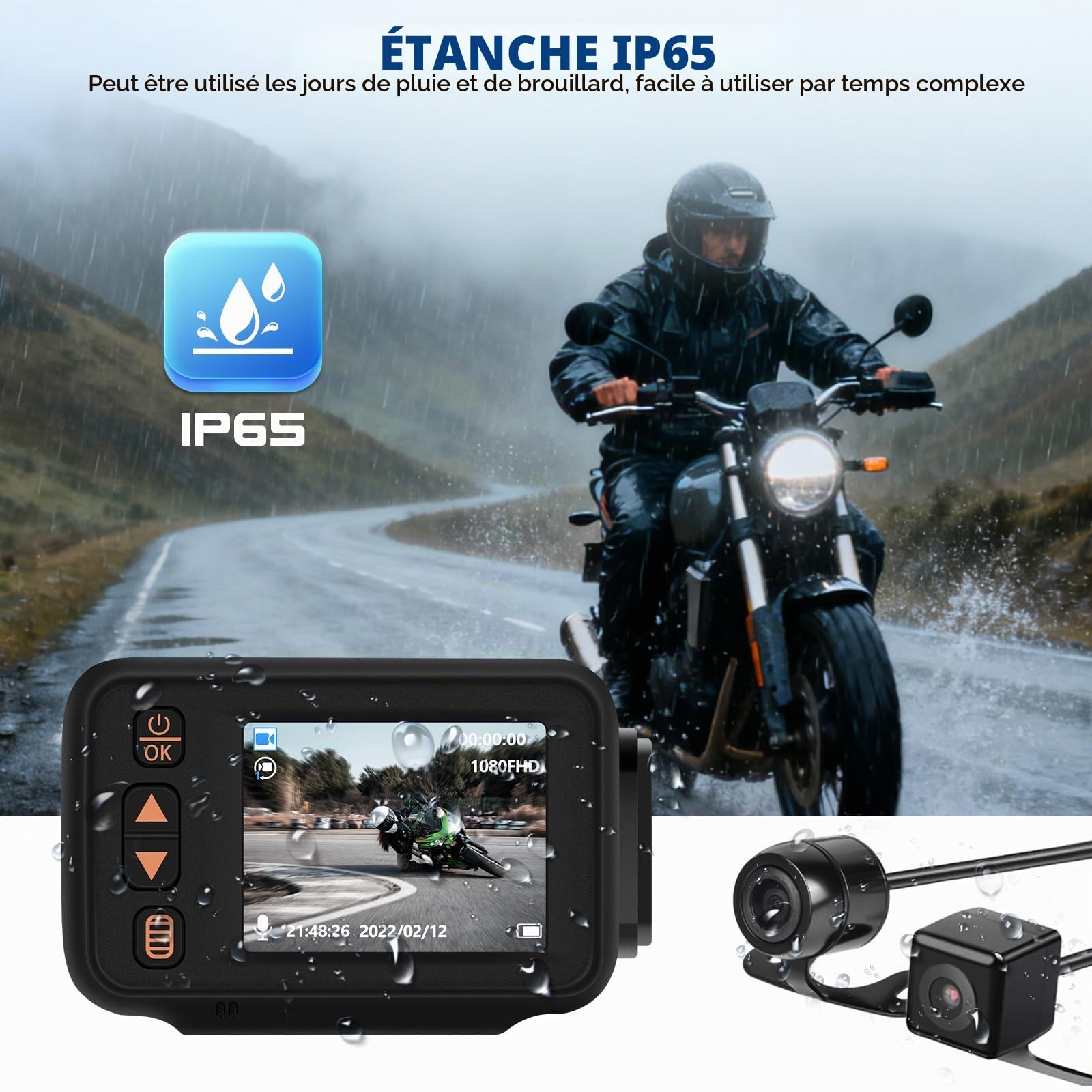 【2026 NOUVEAUTÉ】 CAMECHO 1080P Dashcam pour Moto avec Caméra Avant + Arrière, 2 Pouces IPS HD Écran Voiture Dash Cam Moto avec IP65, Détection de Mouvement, Surveillance Parking pour Universel Motos