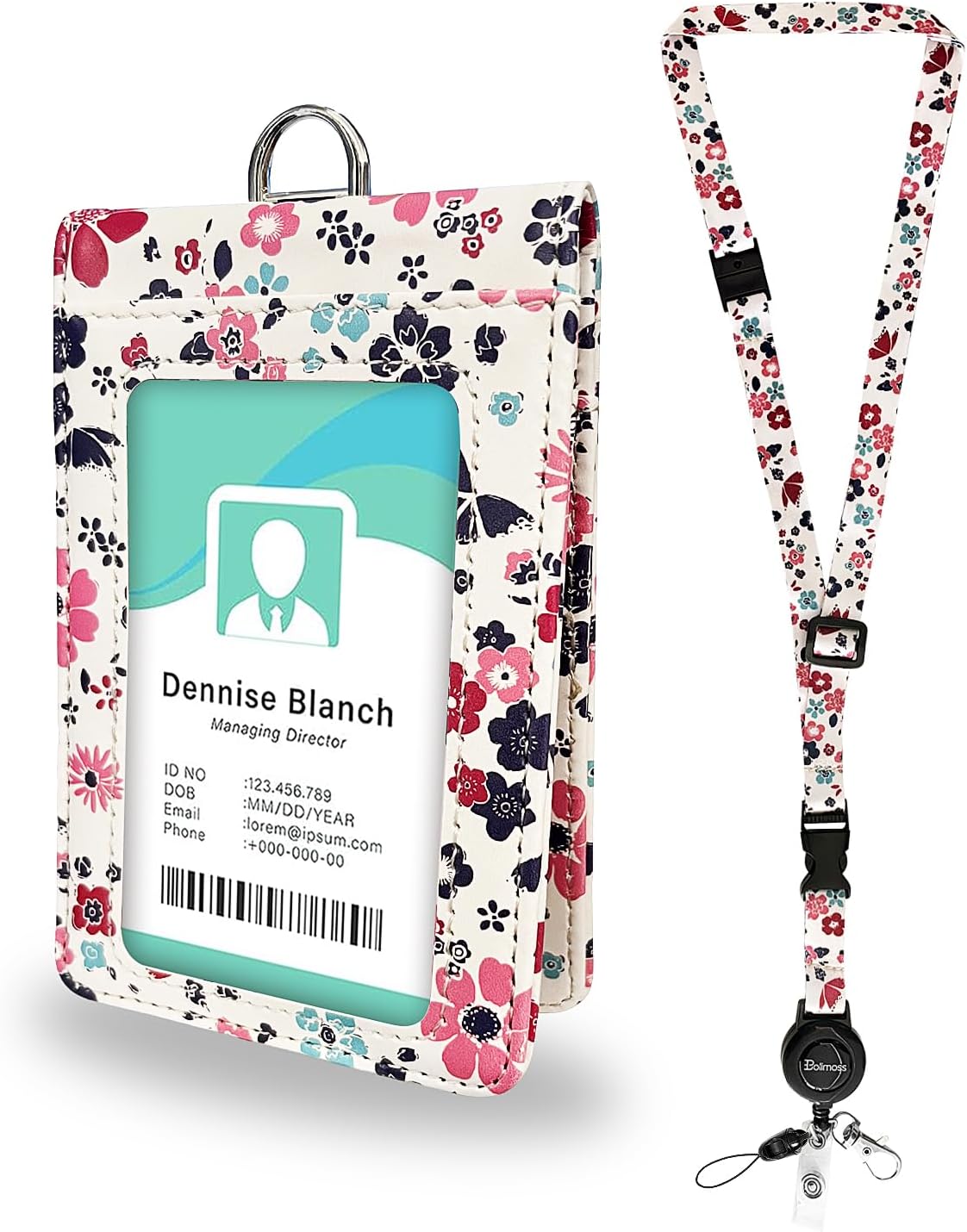 bolimoss Double Sided Clear Badge Holder ID Badge Holder with Adjustable Lanyard and Retractable Reel, Cute Floral Leather Card Name Tag Lanyard ID Protector Bage Clips for Nurse Teacher Student