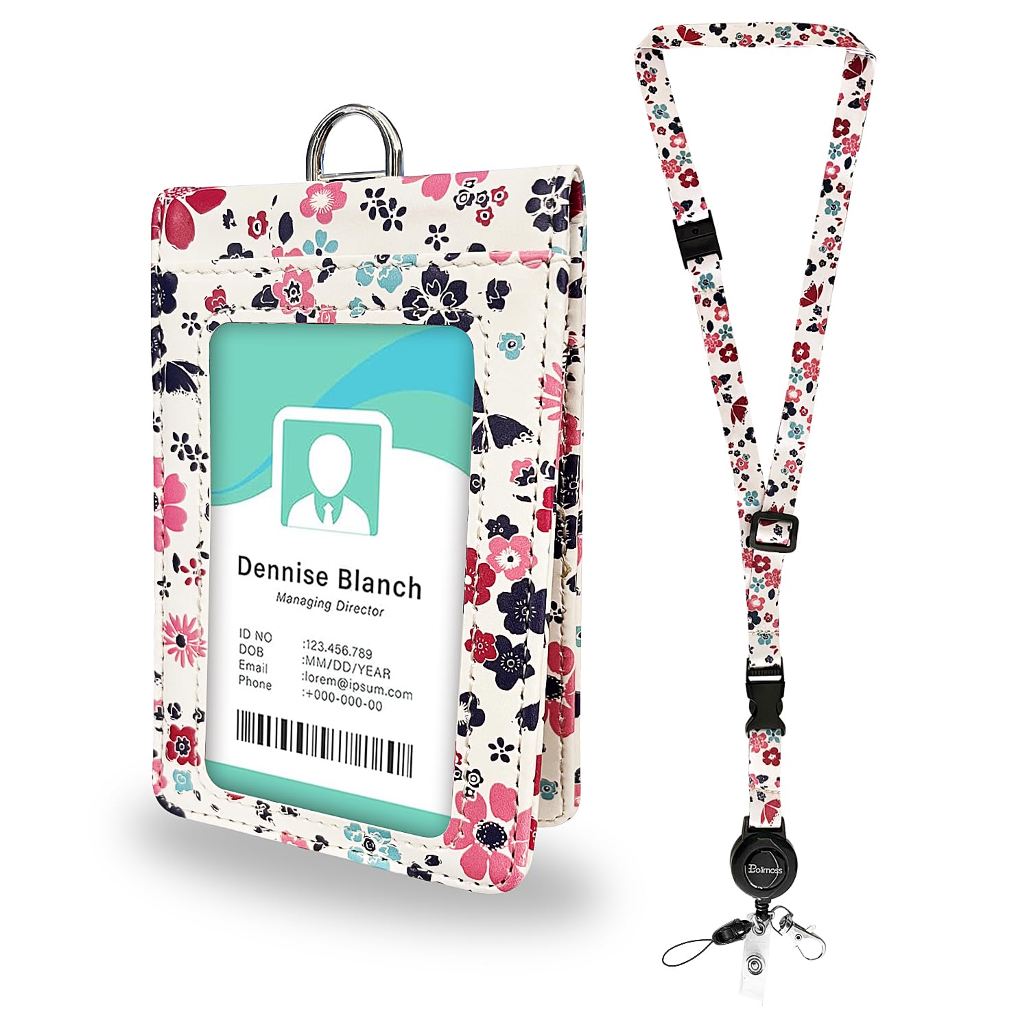 bolimoss Double Sided Clear Badge Holder ID Badge Holder with Adjustable Lanyard and Retractable Reel, Cute Floral Leather Card Name Tag Lanyard ID Protector Bage Clips for Nurse Teacher Student — image 1