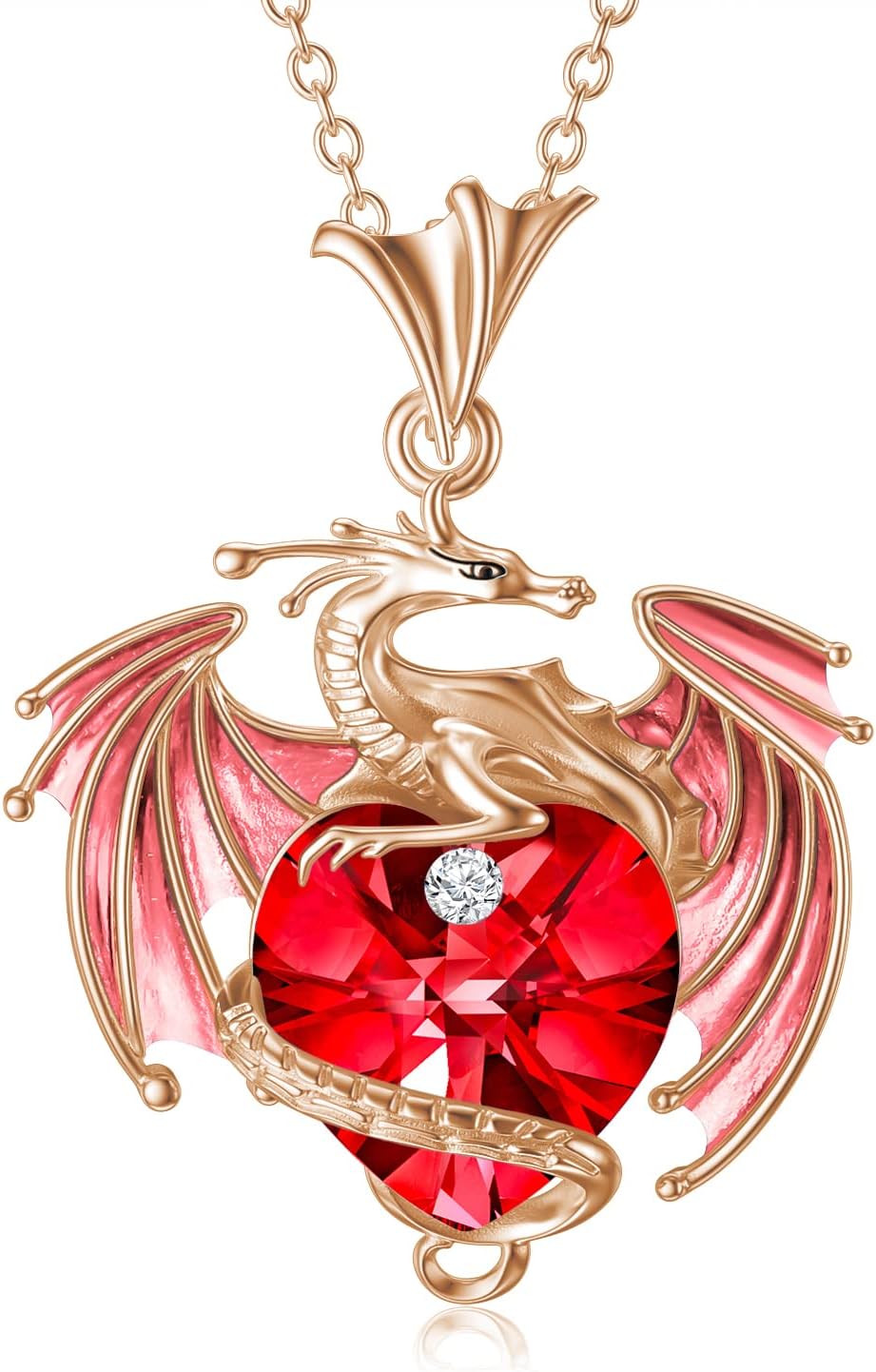 Dragon Necklace Sterling Silver Birthstone Wyvern Necklace with Heart Shaped Crystal Jewelry Gift for Women