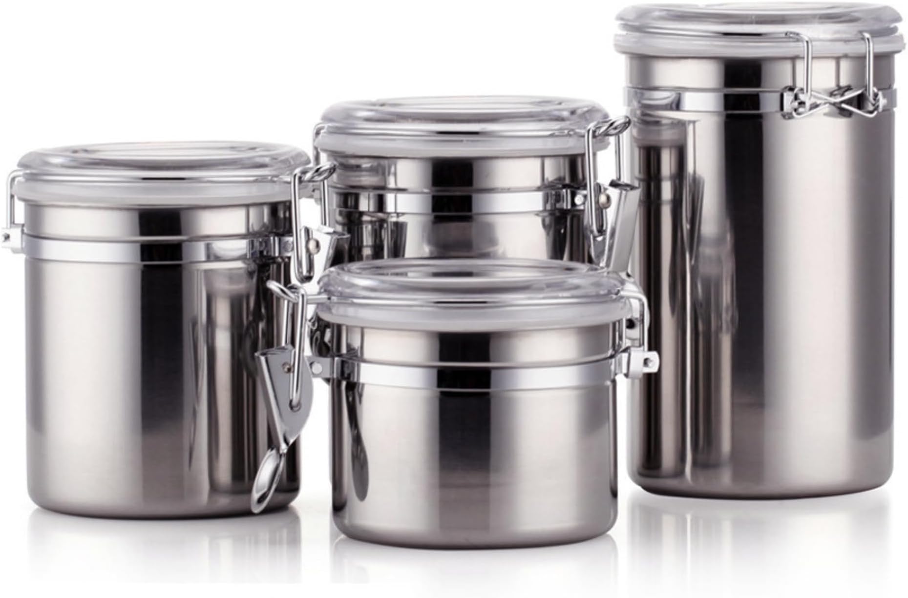 reve max Stainless Steel Airtight Canister Set of 4 with Clear Acrylic Lids & Locking Clamps - Ideal for Coffee, Tea, Spices, Sugar - Fresh-Keeping Kitchen Organizer, Food Storage Containers, Durable