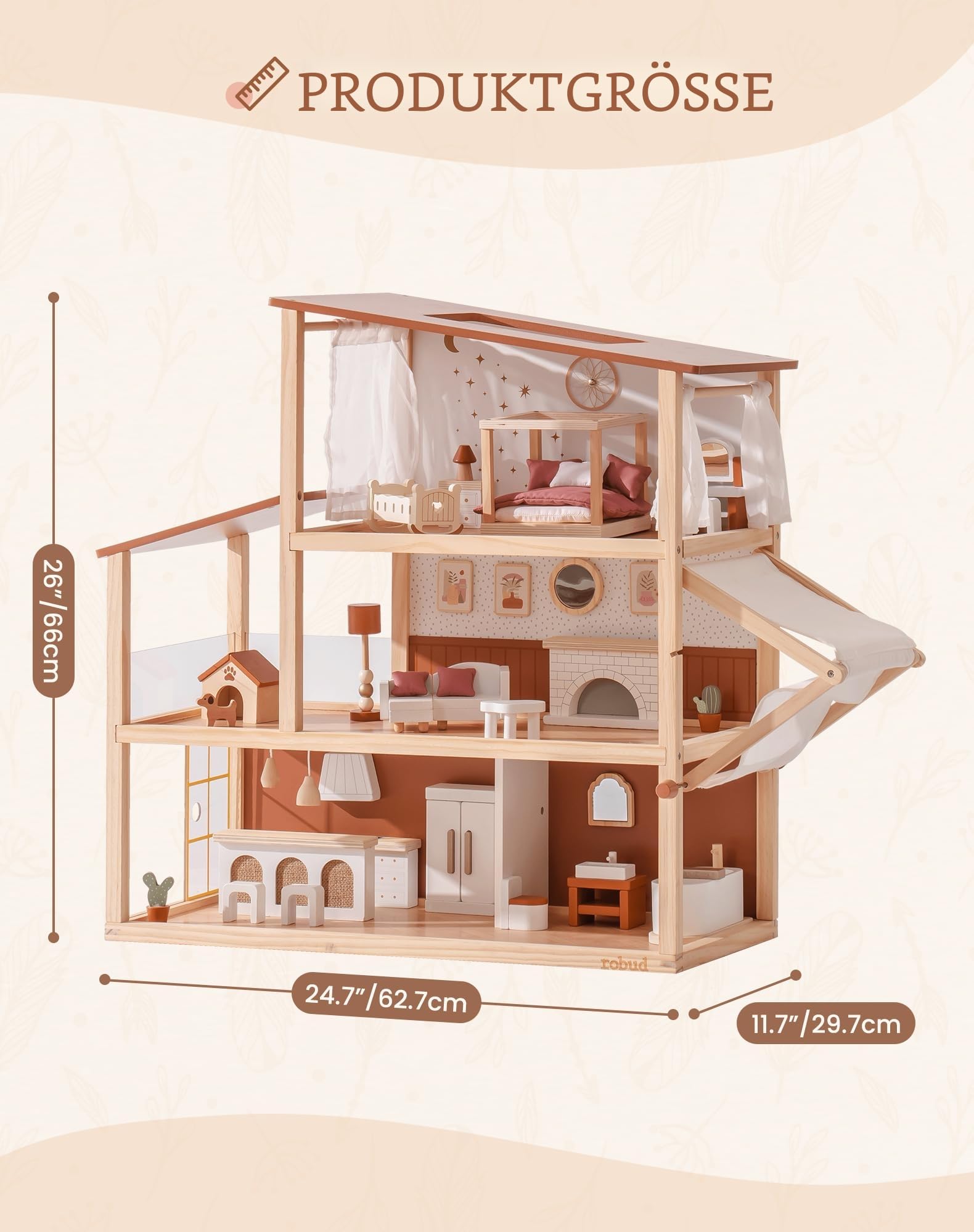 ROBUD Puppenhaus Holz, 3-Stöckiges Böhmischen Stil Puppenhaus mit 37 Zubehör & Möbel, Kinder Spielzeug Dollhouse