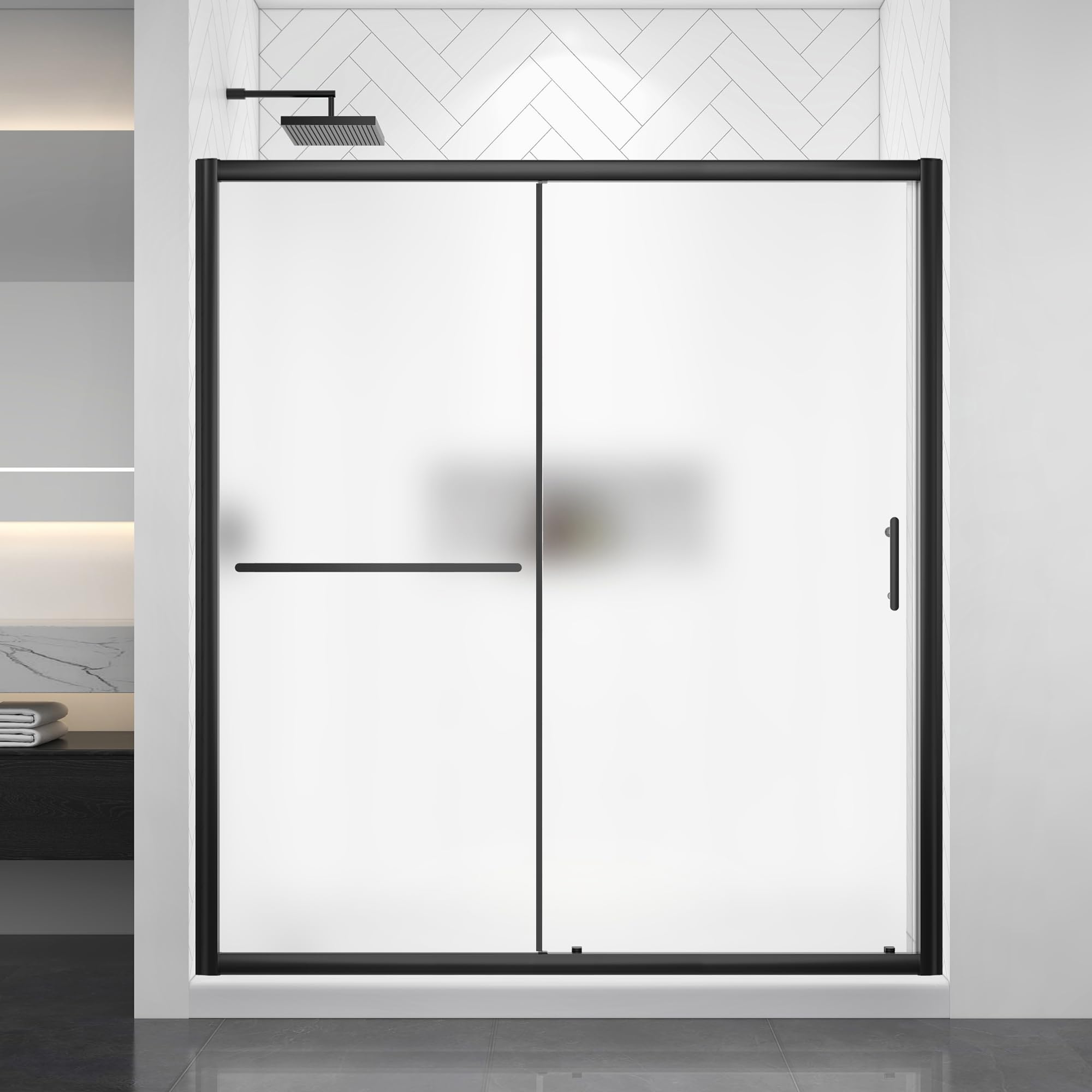 62-66" w x 72" h framed single sliding shower door with 1/4" (6mm) frosted ultra-clear tempered glass in matte black finish, reversible installation(no hardware 2 doors)