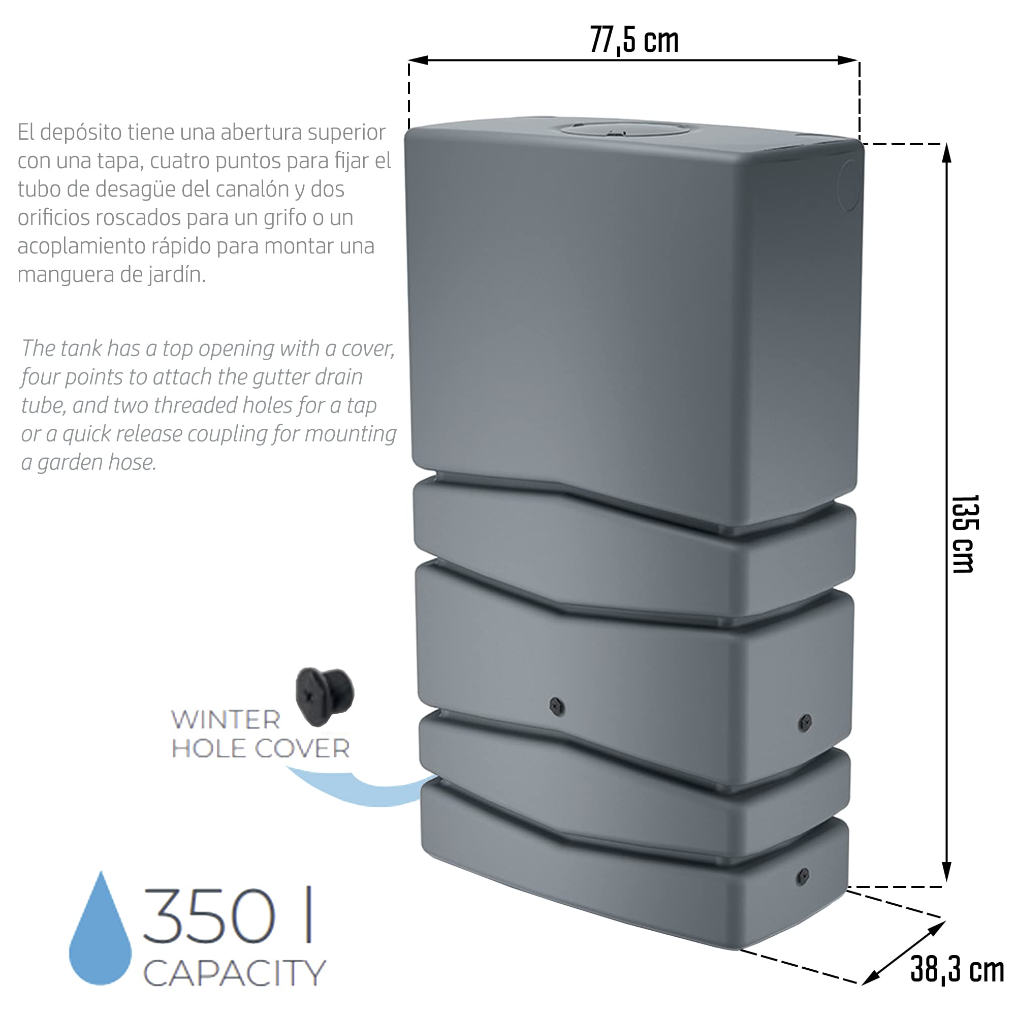 AQUA TOWER 350L Wassersammelfass, Abmessungen (mm) 775x383x1350